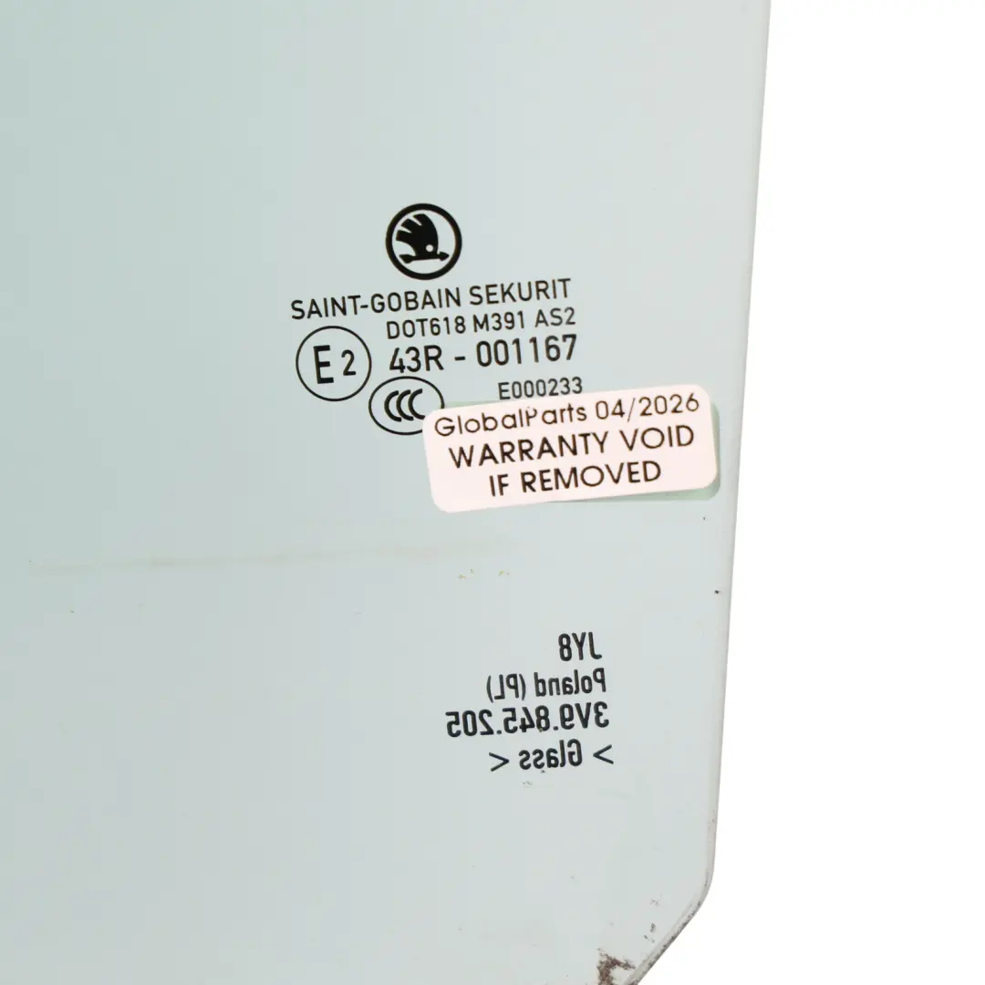 Skoda Superb 3V Estate Door Window Glass AS2 Rear Left N/S - SKU 3V9845205 - Part number 3V9845205