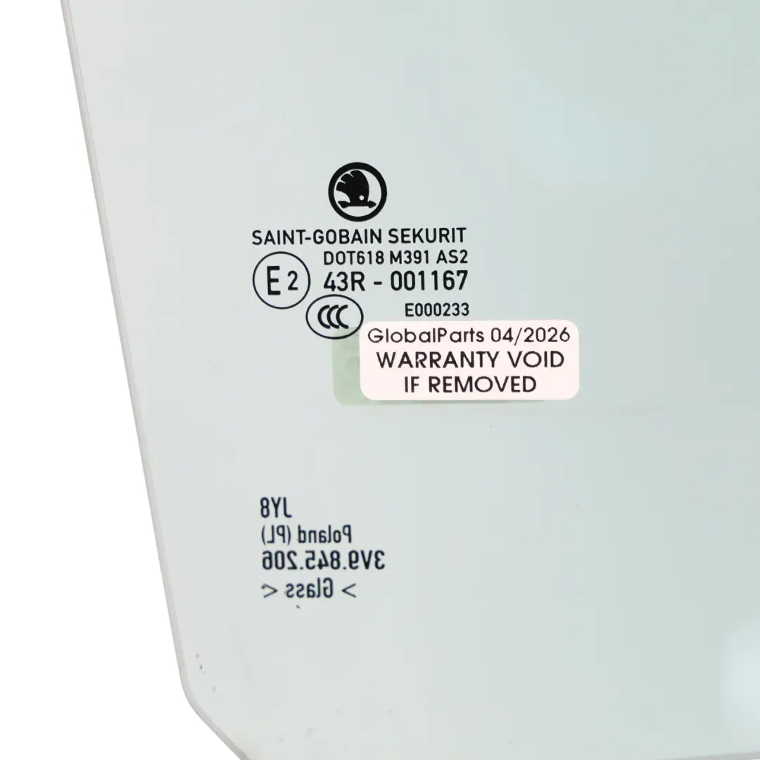 Skoda Superb 3V Estate Door Window Glass AS2 Rear Right O/S - SKU 3V9845206 - Part number 3V9845206
