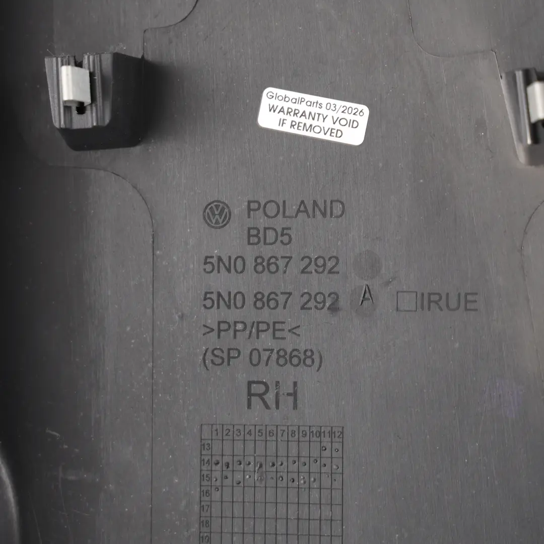 B-Pillar Lower Trim Panel Cover Black Right O/S to Volkswagen Tiguan 5N with Part number 5N0867292A Volkswagen Tiguan 5N B-Pillar Lower Trim Panel Cover Black Right O/S - SKU 5N0867292A - Part number 5N0867292A