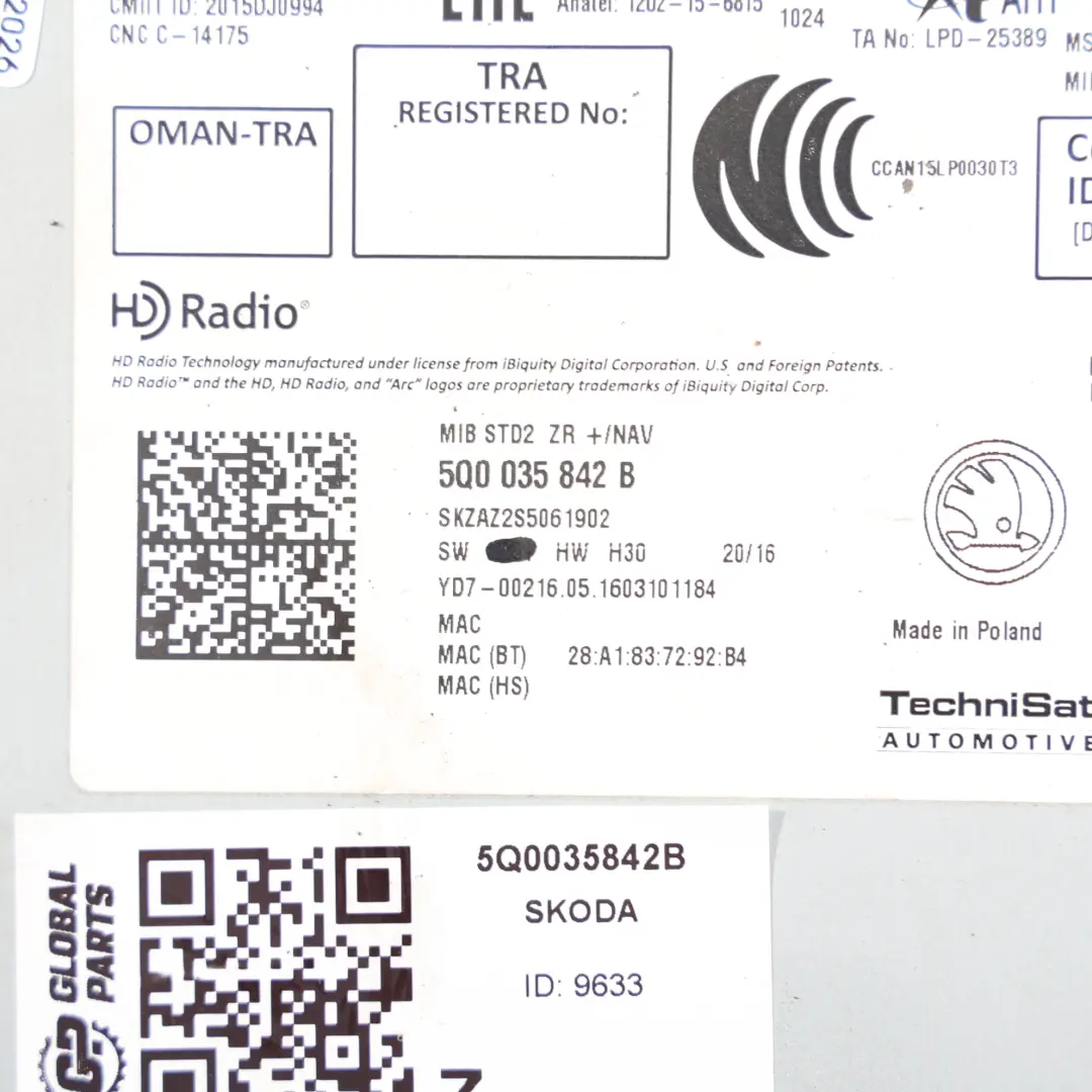 Skoda Superb 3V Rapid NH Octavia 5E Unità Radio CD Media Stereo - SKU 5Q0035842B - Numero di parte 5Q0035842B
