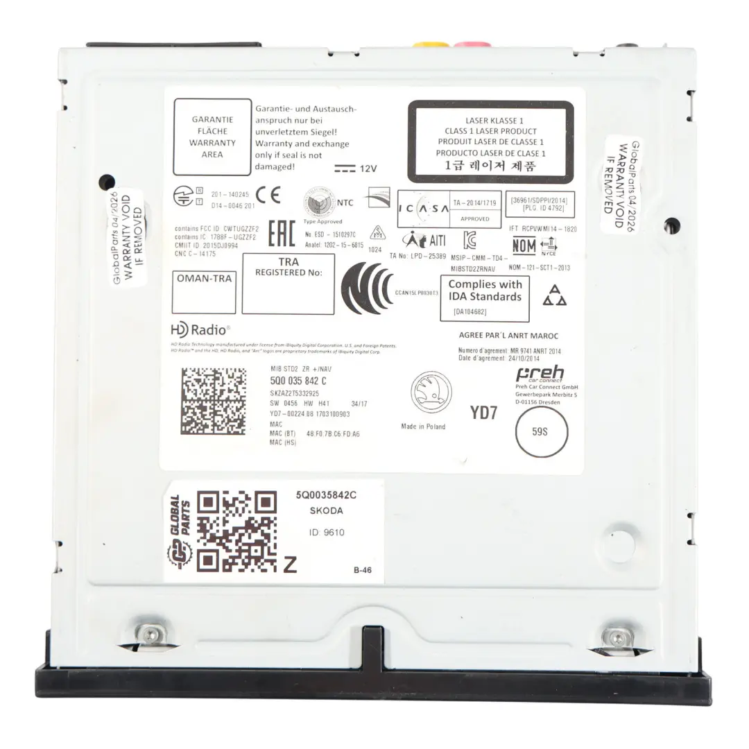Skoda Superb 3V Octavia 5E CD Radio Head Unit SD Card Bluetooth - SKU 5Q0035842C - Part number 5Q0035842C