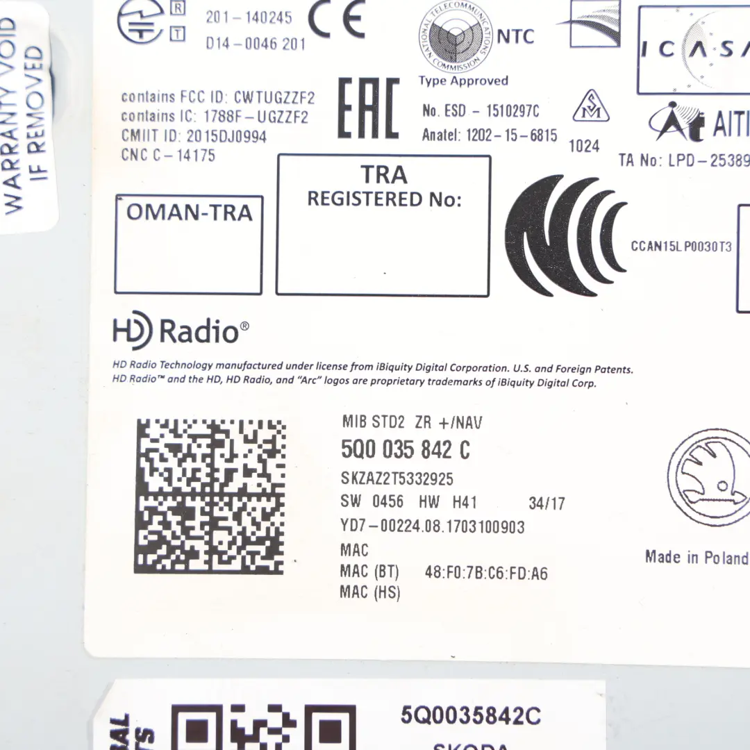 Skoda Superb 3V Octavia 5E Radio CD Unità Centrale SD Bluetooth - SKU 5Q0035842C - Numero di parte 5Q0035842C