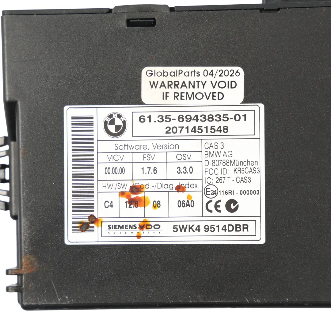 CAS3 Módulo Unidad Control para BMW E90 E91 E60 E61 E64 con número de pieza 6943835 BMW E90 E91 E60 E61 E64 CAS3 Módulo Unidad Control - SKU 6943835 - Número de pieza 6943835