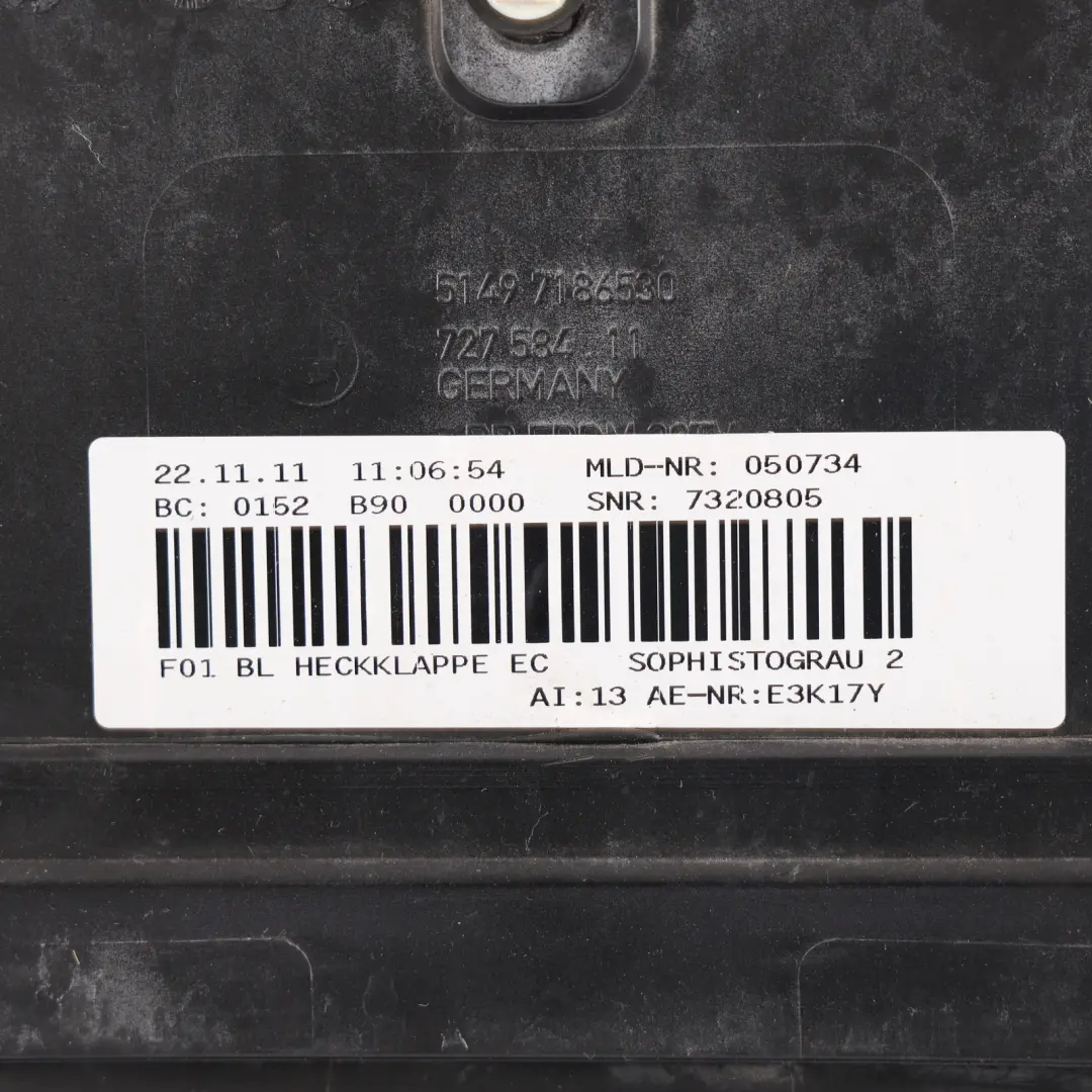 Finisher Boot Lid Cover Sophisto Grey Brilliant 2 - B90 to BMW F01 F02 Tailgate with Part number 7205731 BMW F01 F02 Tailgate Finisher Boot Lid Cover Sophisto Grey Brilliant 2 - B90 - SKU 7205731-SBR - Part number 7205731
