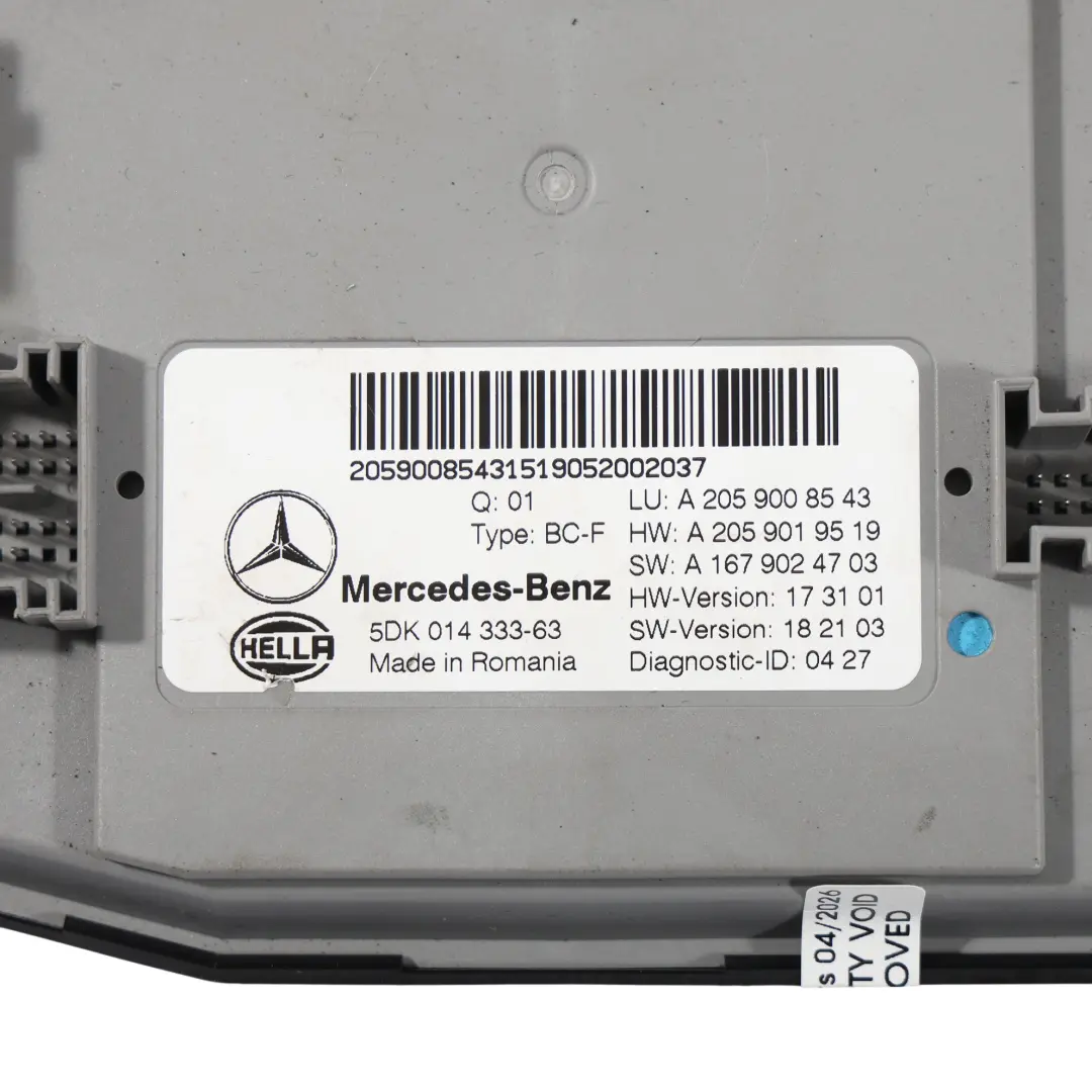 X235 BCM Karosserie Steuergerät Modul ECU für Mercedes W205 mit Teilenummer A2059008543 Mercedes W205 X235 BCM Karosserie Steuergerät Modul ECU - SKU A2059008543 - Teilenummer A2059008543