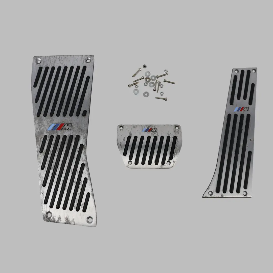 Aluminium Pedal Cover Set Automatic Transmission to BMW E60 E87 E90 M Performance with Part number E60 Pedal Cover Set BMW E60 E87 E90 M Performance Aluminium Pedal Cover Set Automatic Transmission - SKU E60-PEDAL-COVER-SET - Part number E60 Pedal Cover Set