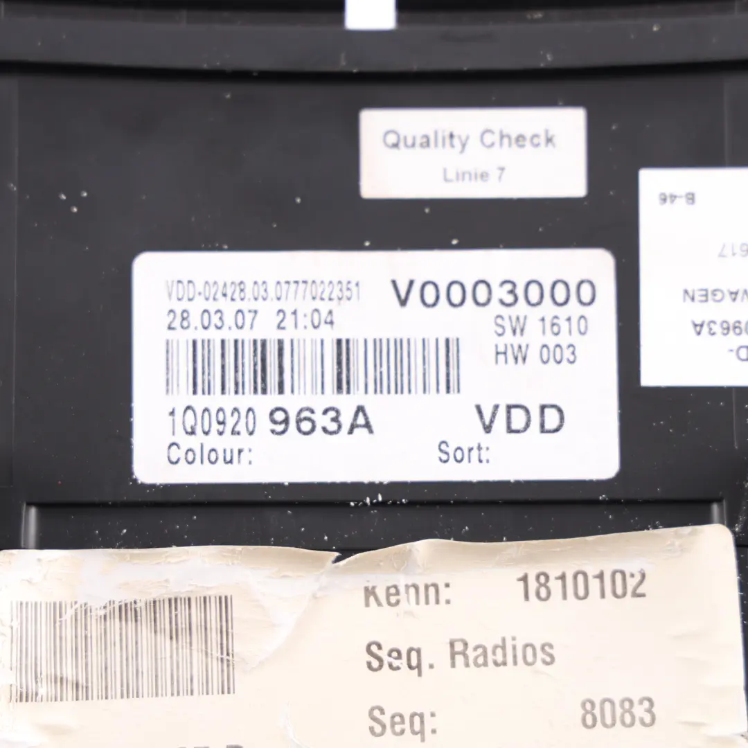 1F Instrument Cluster Speedometer Diesel Automatic to VW Volkswagen EOS with Part number 1Q0920963A VW Volkswagen EOS 1F Instrument Cluster Speedometer Diesel Automatic - SKU RHD-1Q0920963A - Part number 1Q0920963A