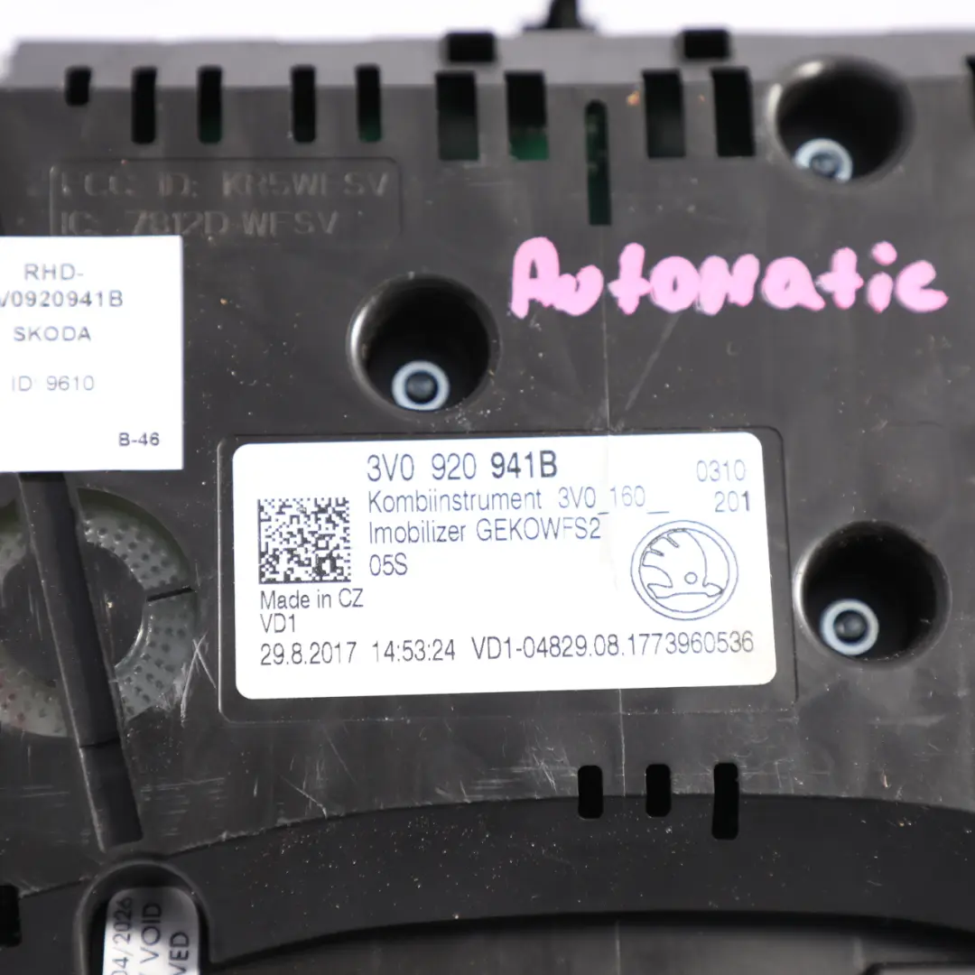 Skoda Superb 3V Instrument Cluster Speedometer Speedo Manual Diesel - SKU RHD-3V0920941B - Part number 3V0920941B