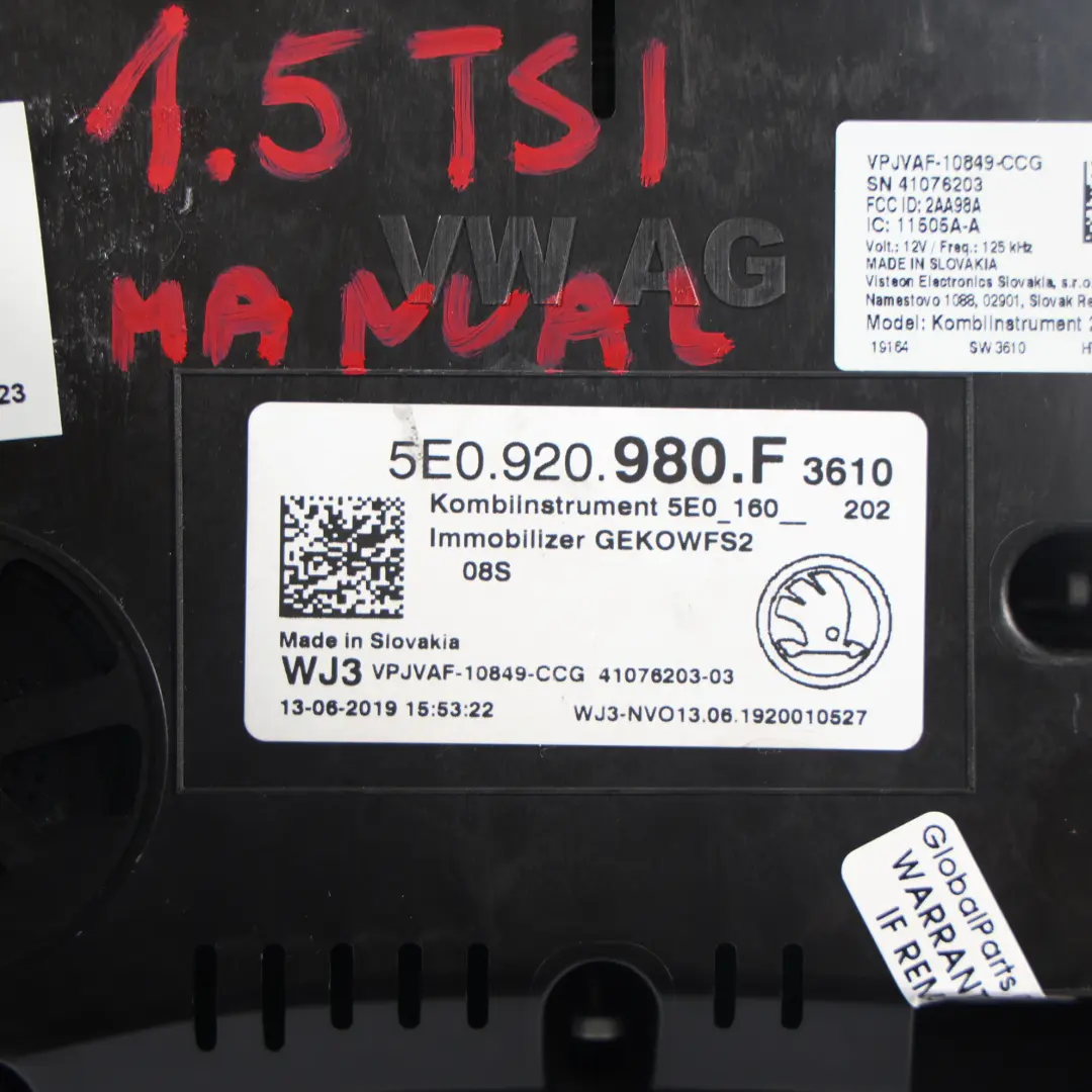 Skoda Octavia Mk3 Instrument Cluster Speedometer Speedo Petrol Manual - SKU RHD-5E0920980F - Part number 5E0920980F