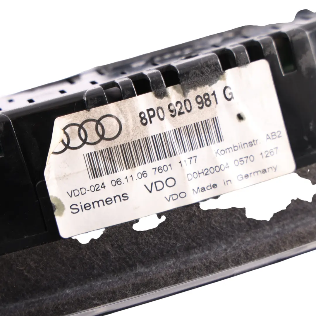 Audi A3 8P Instrument Cluster Speedometer Speedo Clocks Petrol Manual - SKU RHD-8P0920981G - Part number 8P0920981G