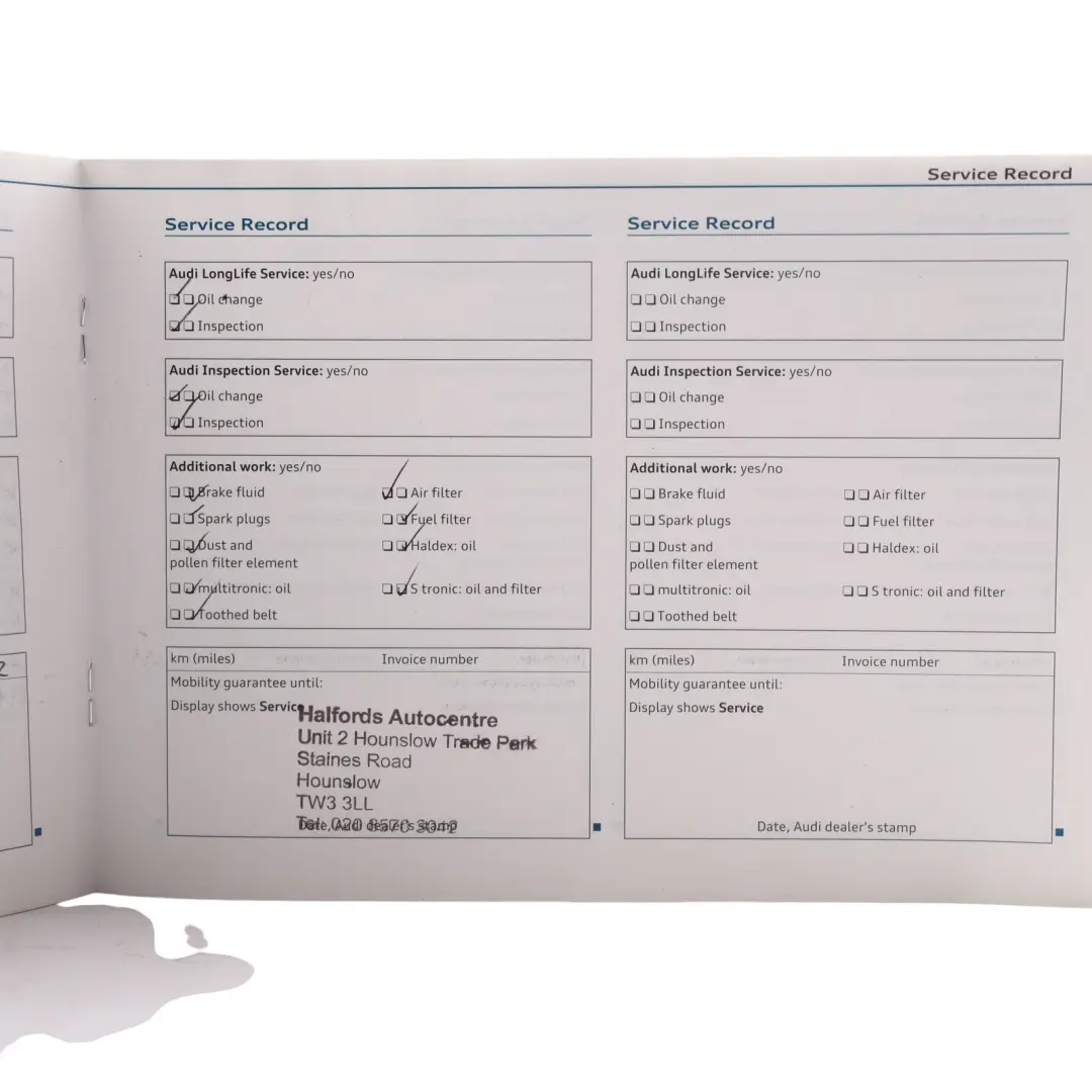 Audi A4 B8 Owners Handbook Service Shedulde - SKU 1025638S225 - Part number 1025638S225