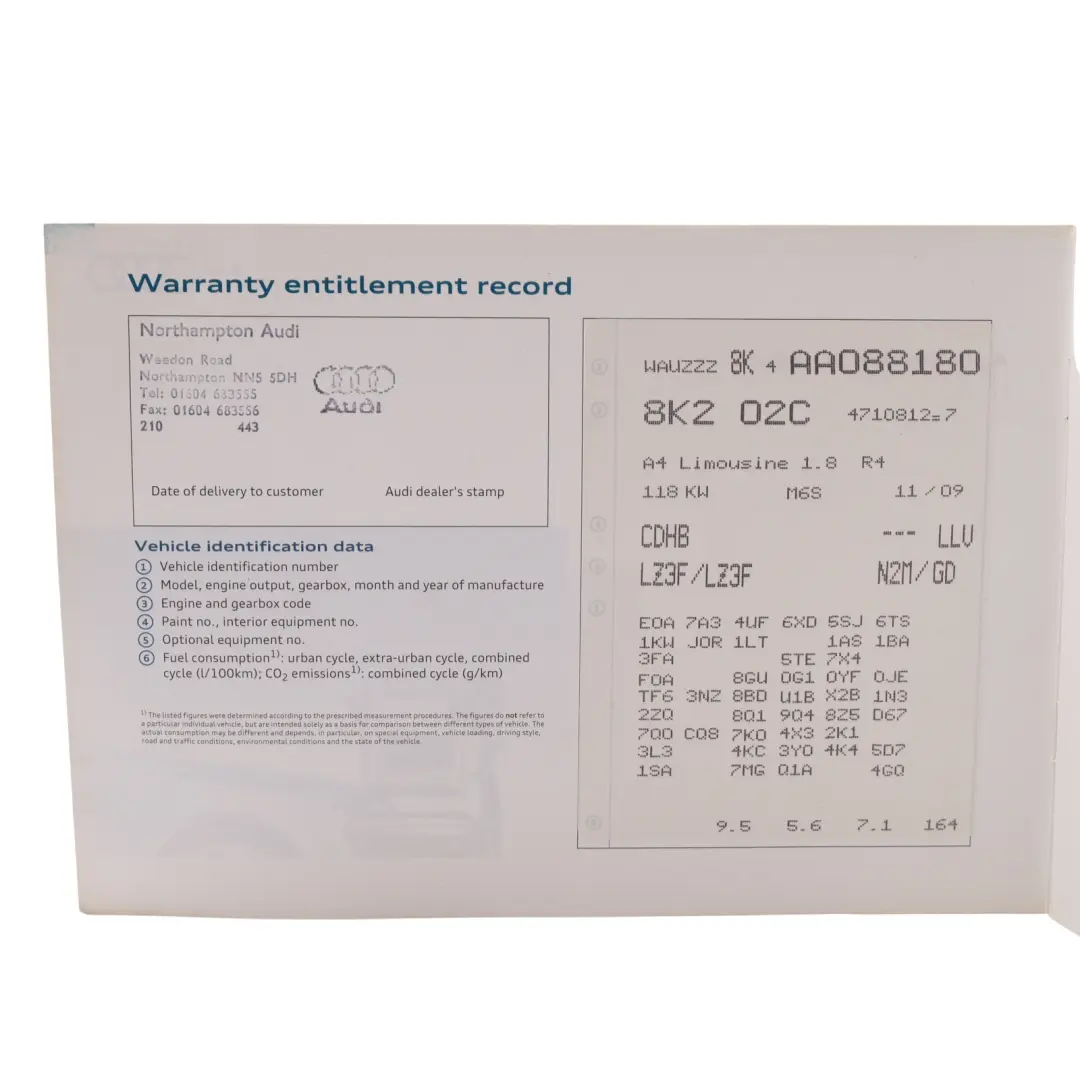 Audi A4 B8 Owners Handbook Service Shedulde - SKU 1025638S225 - Part number 1025638S225
