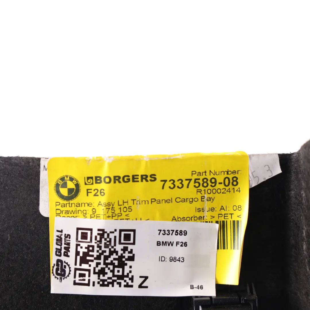 Boot Trunk Compartment Side Trim Panel Liner Rear Left N/S to BMW X4 F26 with Part number 7337589 BMW X4 F26 Boot Trunk Compartment Side Trim Panel Liner Rear Left N/S - SKU 7337589 - Part number 7337589