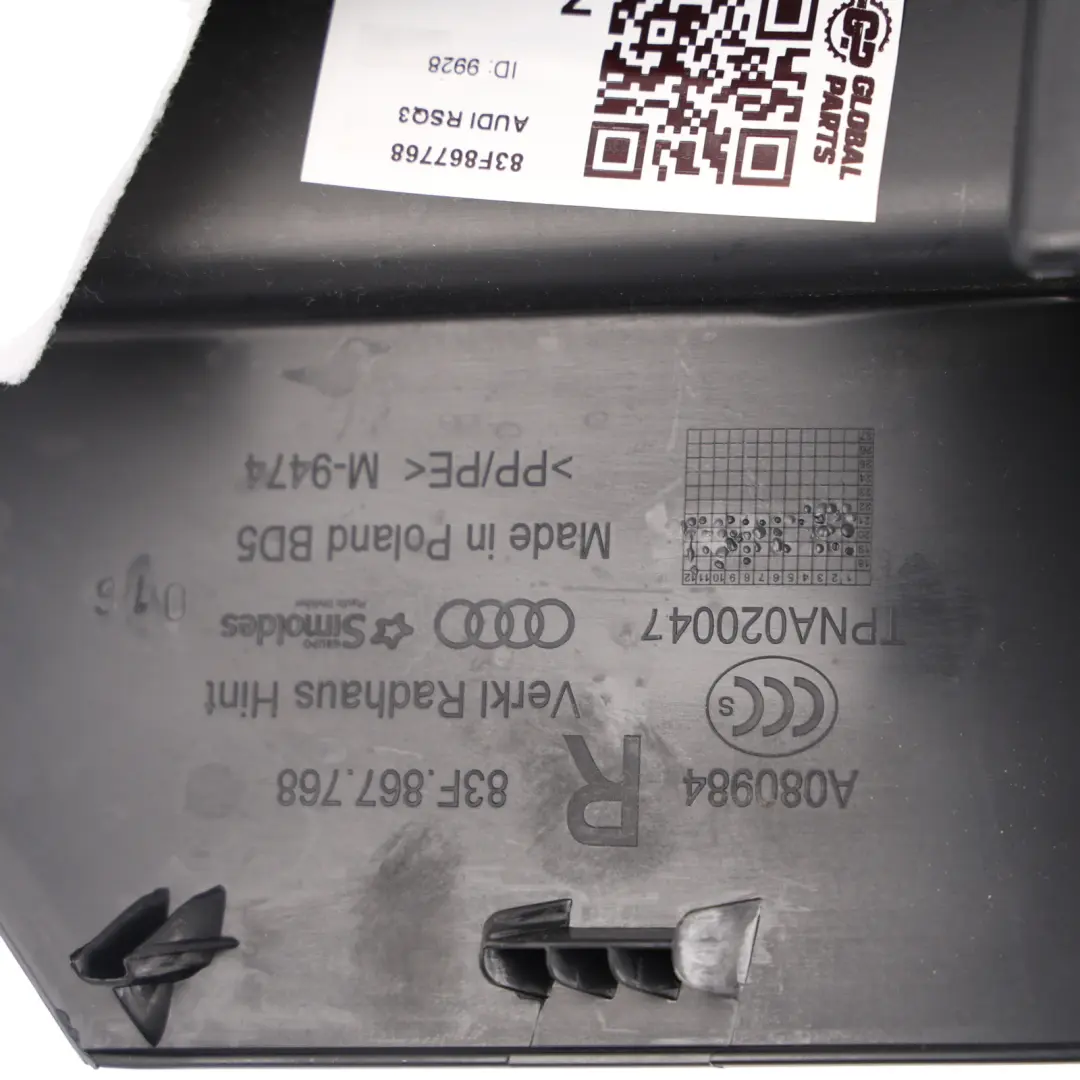 Housing Trim Panel Cover Rear Right O/S to Audi Q3 F3 Wheel with Part number 83F867768 Audi Q3 F3 Wheel Housing Trim Panel Cover Rear Right O/S - SKU 83F867768 - Part number 83F867768