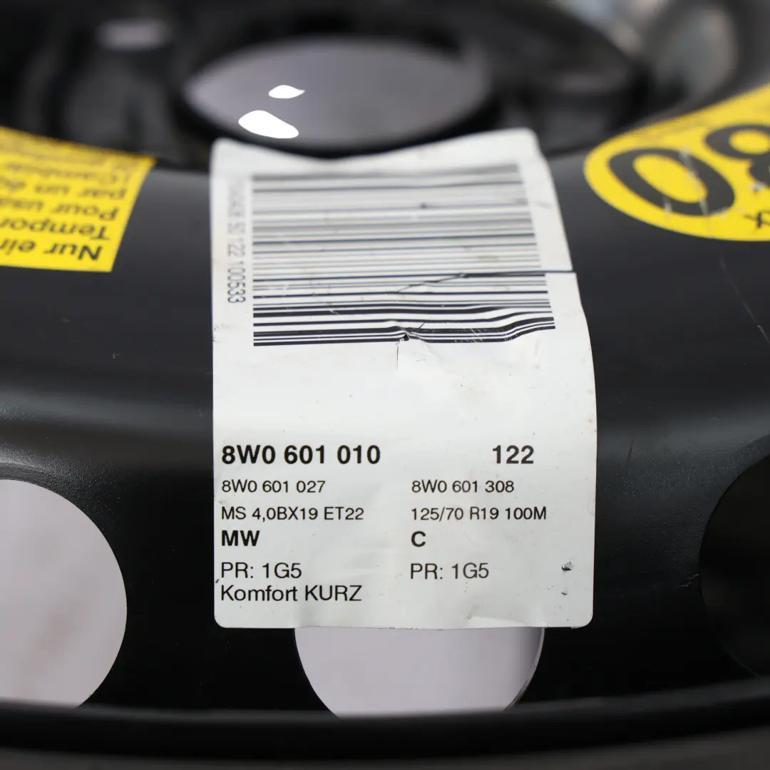 Roue de Secours Galette R19 4J ET22 125/70 pour Audi A4 B9 à propos du numéro de pièce 8W0601027 Audi A4 B9 Roue de Secours Galette R19 4J ET22 125/70 - SKU 8W0601027-1 - Numéro de pièce 8W0601027