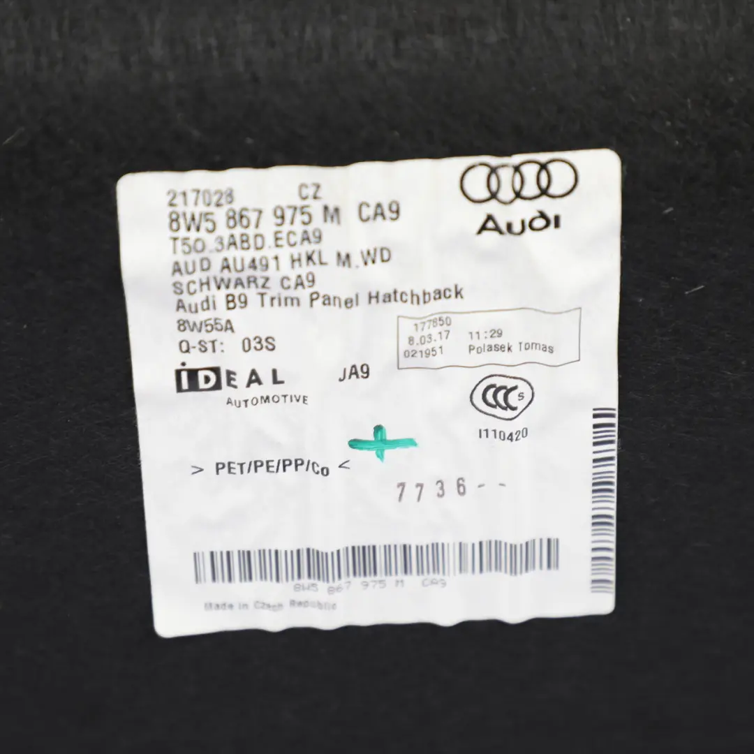 Audi A4 B9 Saloon Boot Trunk Lid Carpet Interior Trim Cover Panel - SKU 8W5867975M - Part number 8W5867975M