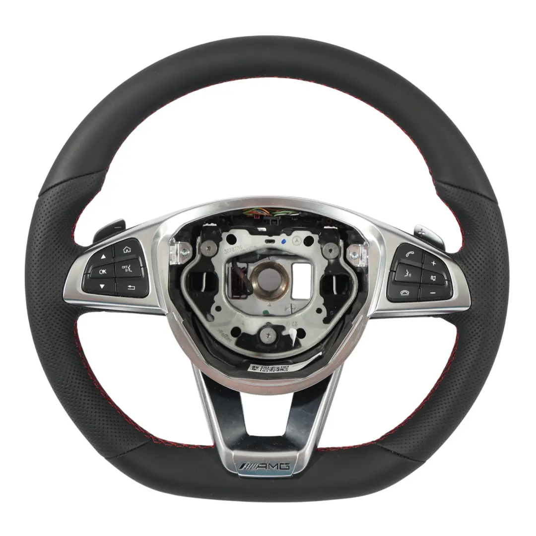Steering Wheel NEW Black Leather Red Threads Paddle Shift to Mercedes W205 C253 AMG with Part number A0004603803 Mercedes W205 C253 AMG Steering Wheel NEW Black Leather Red Threads Paddle Shift - SKU A0004603803-4 - Part number A0004603803