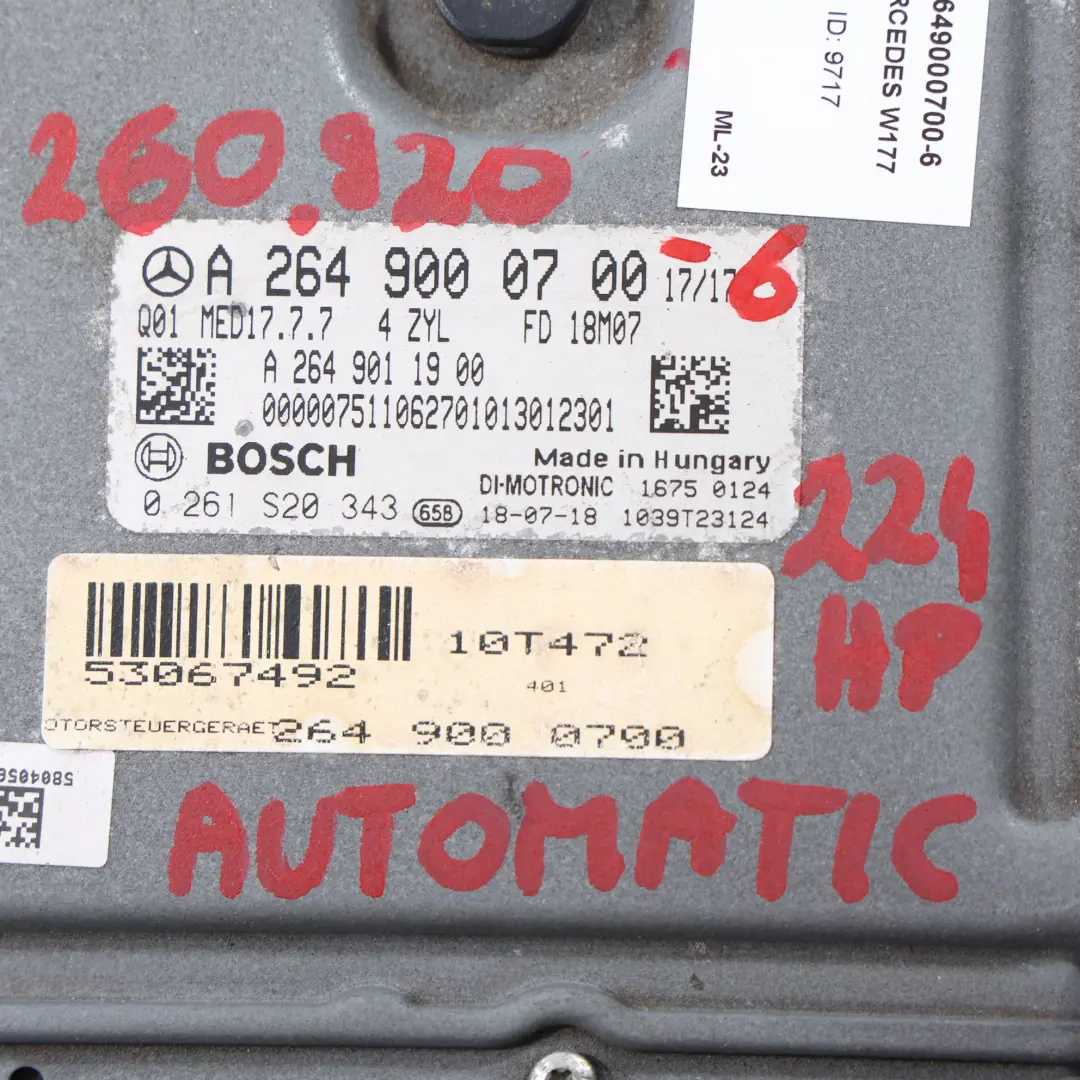 A250 264960 264.960 224HP Engine ECU Module Automatic to Mercedes W177 with Part number A2649000700 Mercedes W177 A250 264960 264.960 224HP Engine ECU Module Automatic - SKU A2649000700-6 - Part number A2649000700