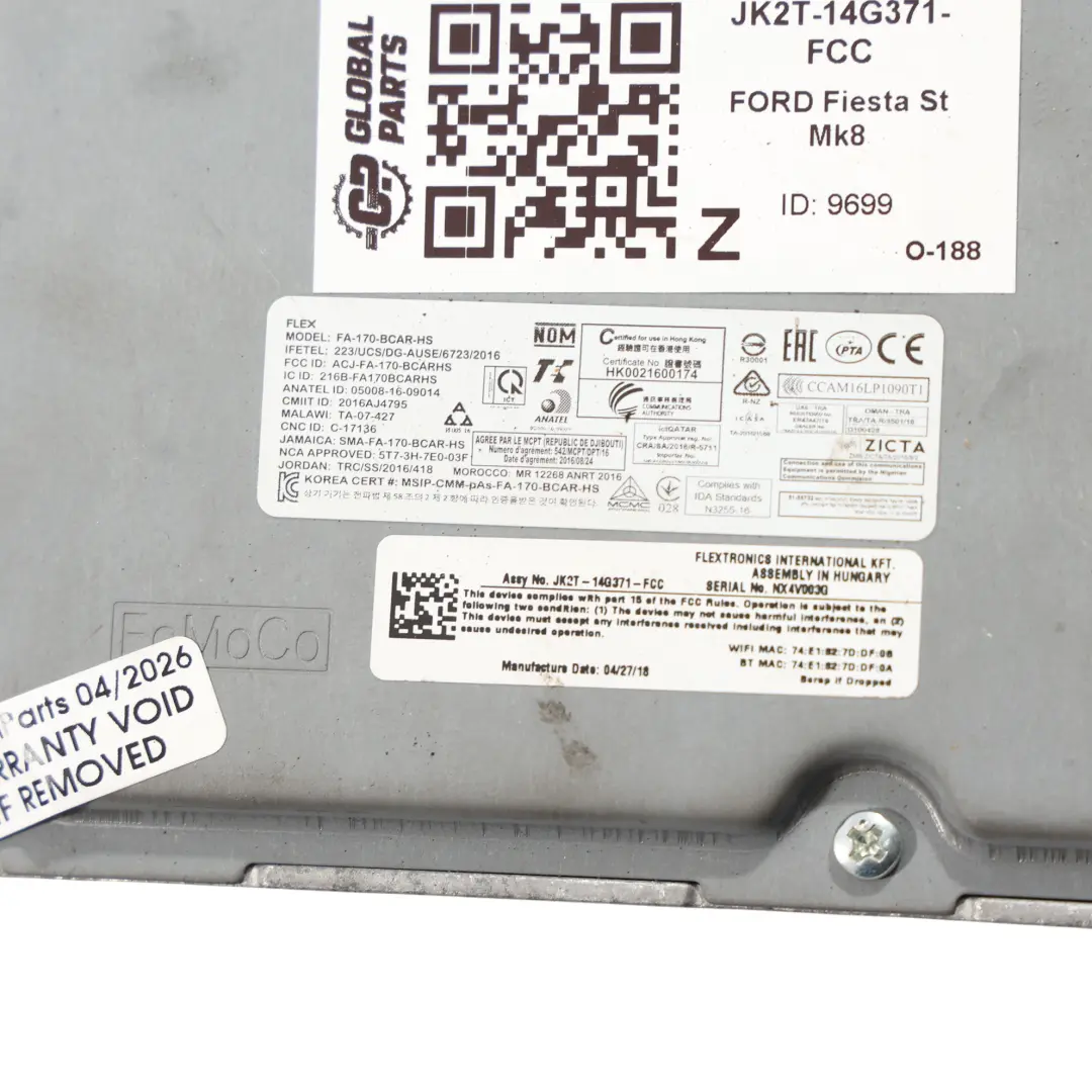 Ford Fiesta Mk8 Module Contrôle Navigation ECU - SKU JK2T-14G371-FCC - Numéro de pièce JK2T-14G371-FCC