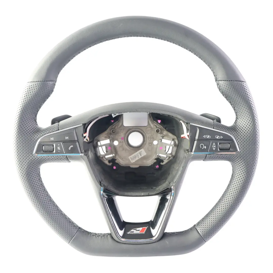 MK3 5F FR Volante Negro Cuero Fondo Plano Nuevo para Seat Leon con número de pieza 5F0419091E Seat Leon MK3 5F FR Volante Negro Cuero Fondo Plano Nuevo - SKU 5F0419091E-1 - Número de pieza 5F0419091E