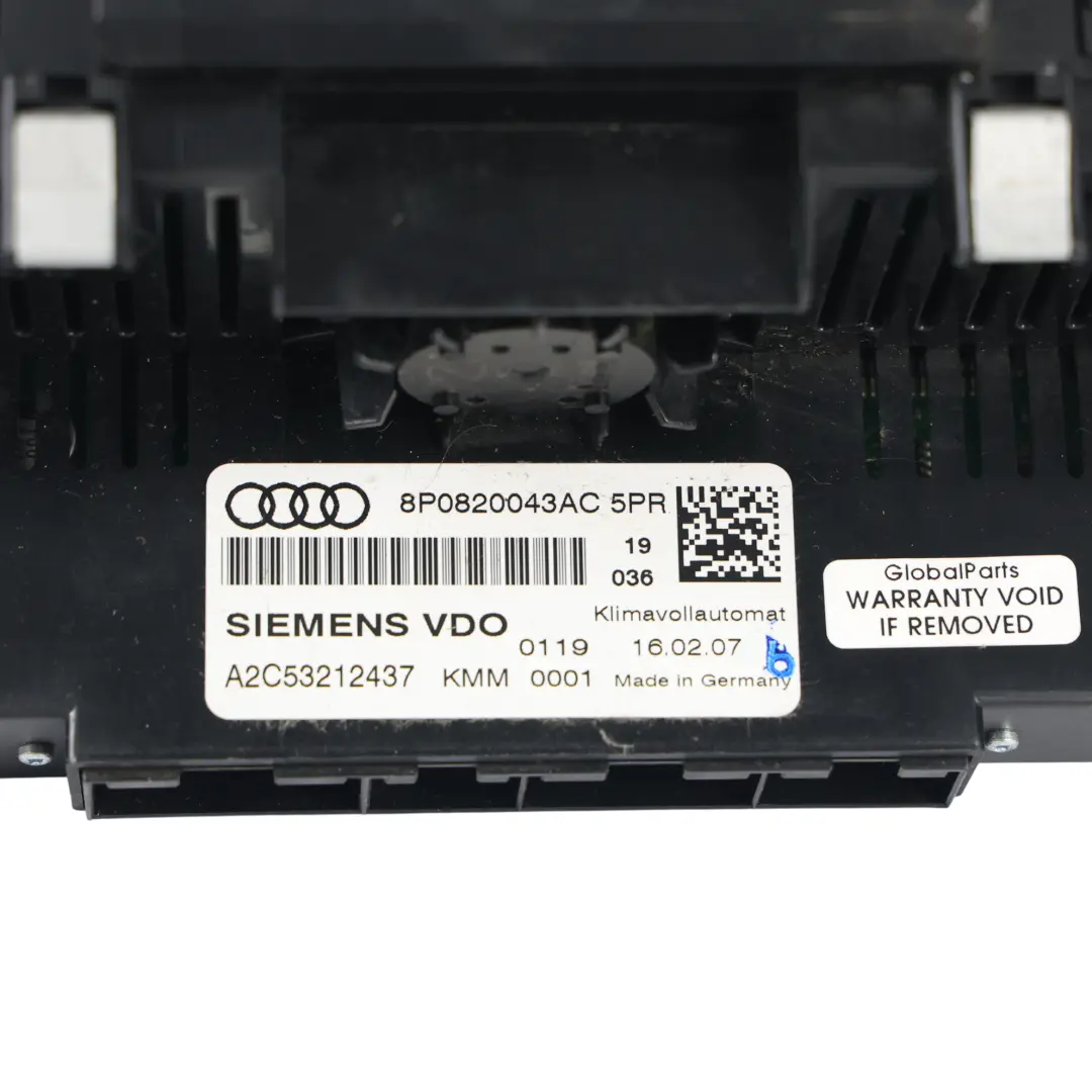 Audi A3 8P Panneau Commande Climatisation Chauffage - SKU 8P0820043AC-1 - Numéro de pièce 8P0820043AC