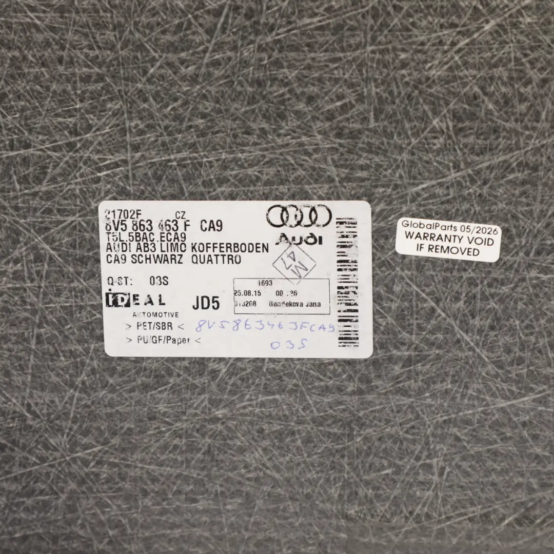 Boot Trunk Luggage Compartment Floor Covering to Audi A3 RS3 8V with Part number 8V5863463F Audi A3 RS3 8V Boot Trunk Luggage Compartment Floor Covering - SKU 8V5863463F - Part number 8V5863463F