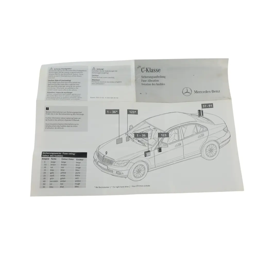 Mercedes W204 Manual Guía Instrucciones Asignación Fusibles - SKU A2045848582 - Número de pieza A2045848582