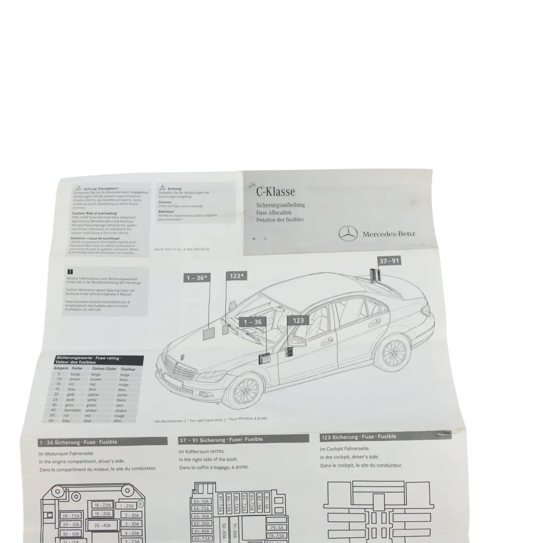 Mercedes W204 Booklet Instruction Guide Fuse Allocation Handbook - SKU A2045848582 - Part number A2045848582
