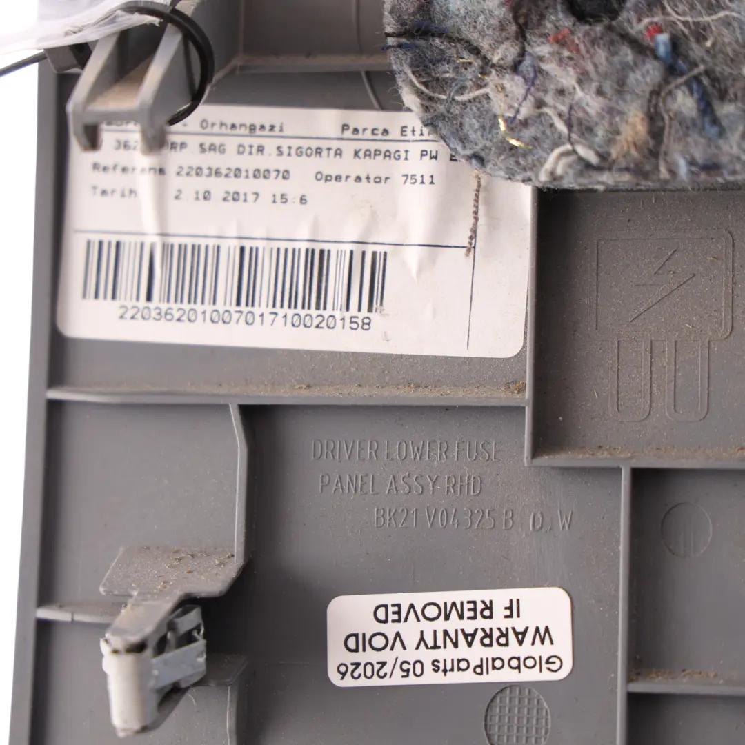 Mk8 Lower Fuse Panel Cover Driver's Side to Ford Transit Custom with Part number BK21-V04325-BDW Ford Transit Custom Mk8 Lower Fuse Panel Cover Driver's Side - SKU RHD-BK21-V04325-BDW - Part number BK21-V04325-BDW