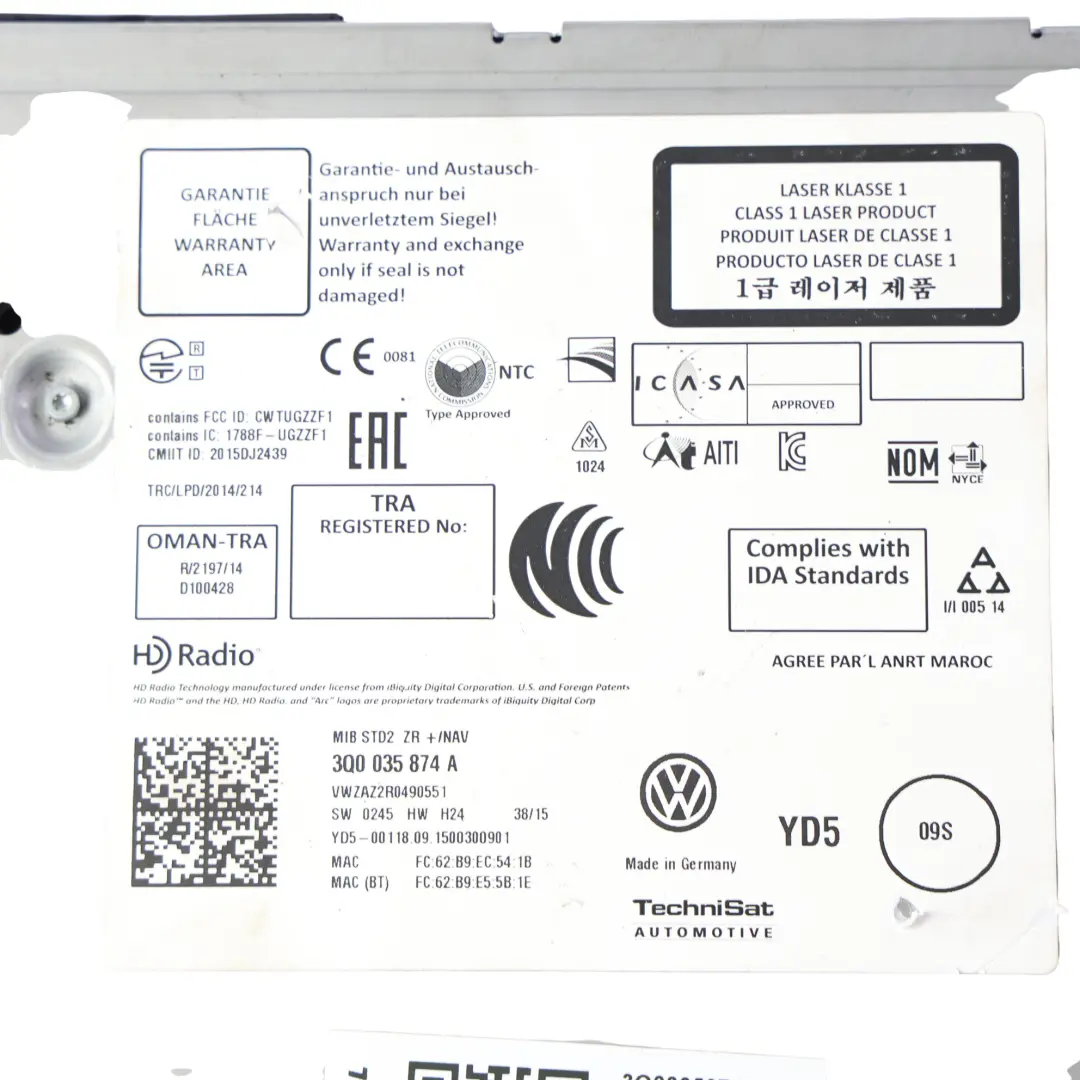 Volkswagen VW Golf Mk7 Infotainment Radio Multimedia Head Unit - SKU 3Q0035874A-1 - Part number 3Q0035874A