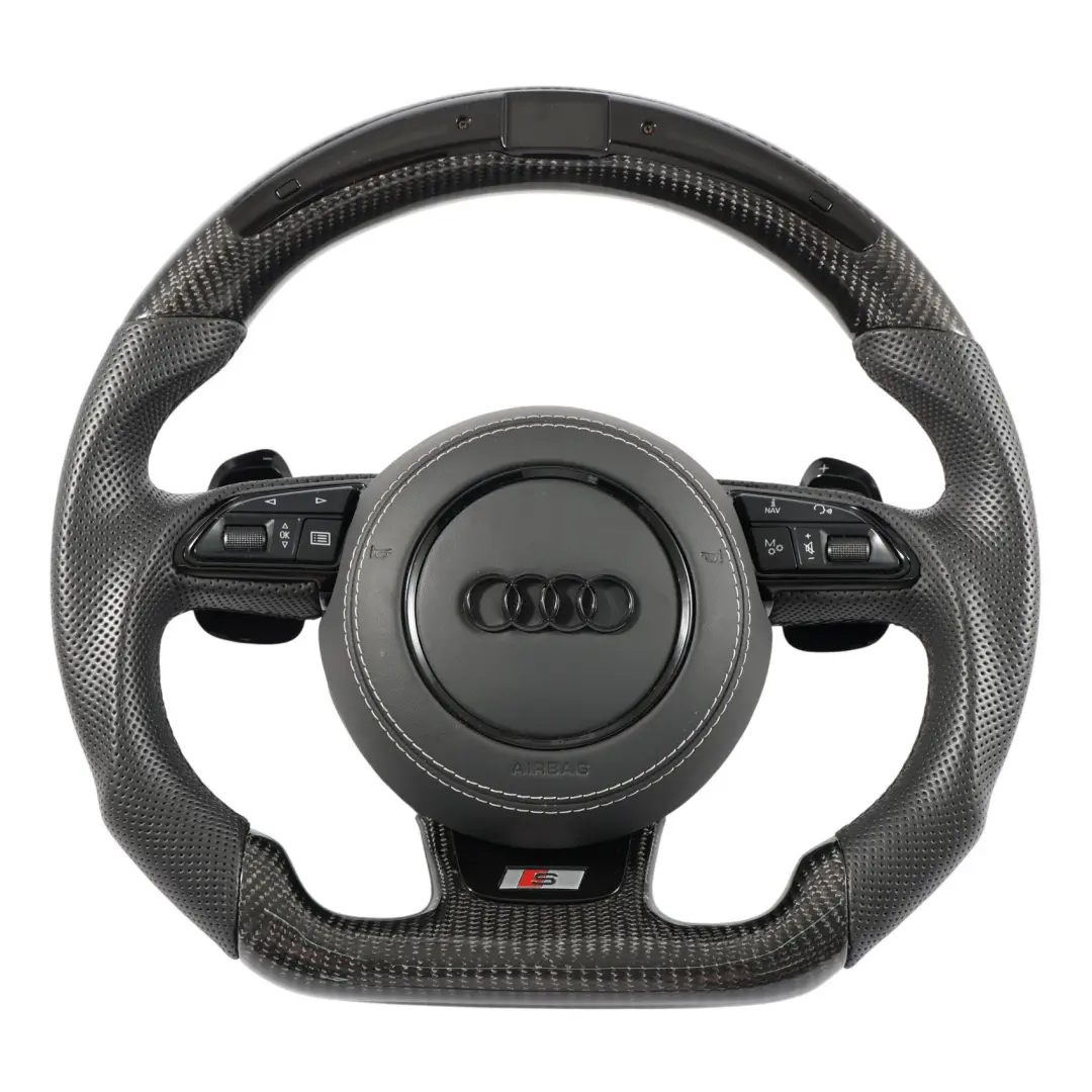 Audi A8 D4 Steering Wheel S-Line LED Carbon Flat Bottom Paddles Set - SKU 4H0419091T-1-SET - Part number 4H0419091T