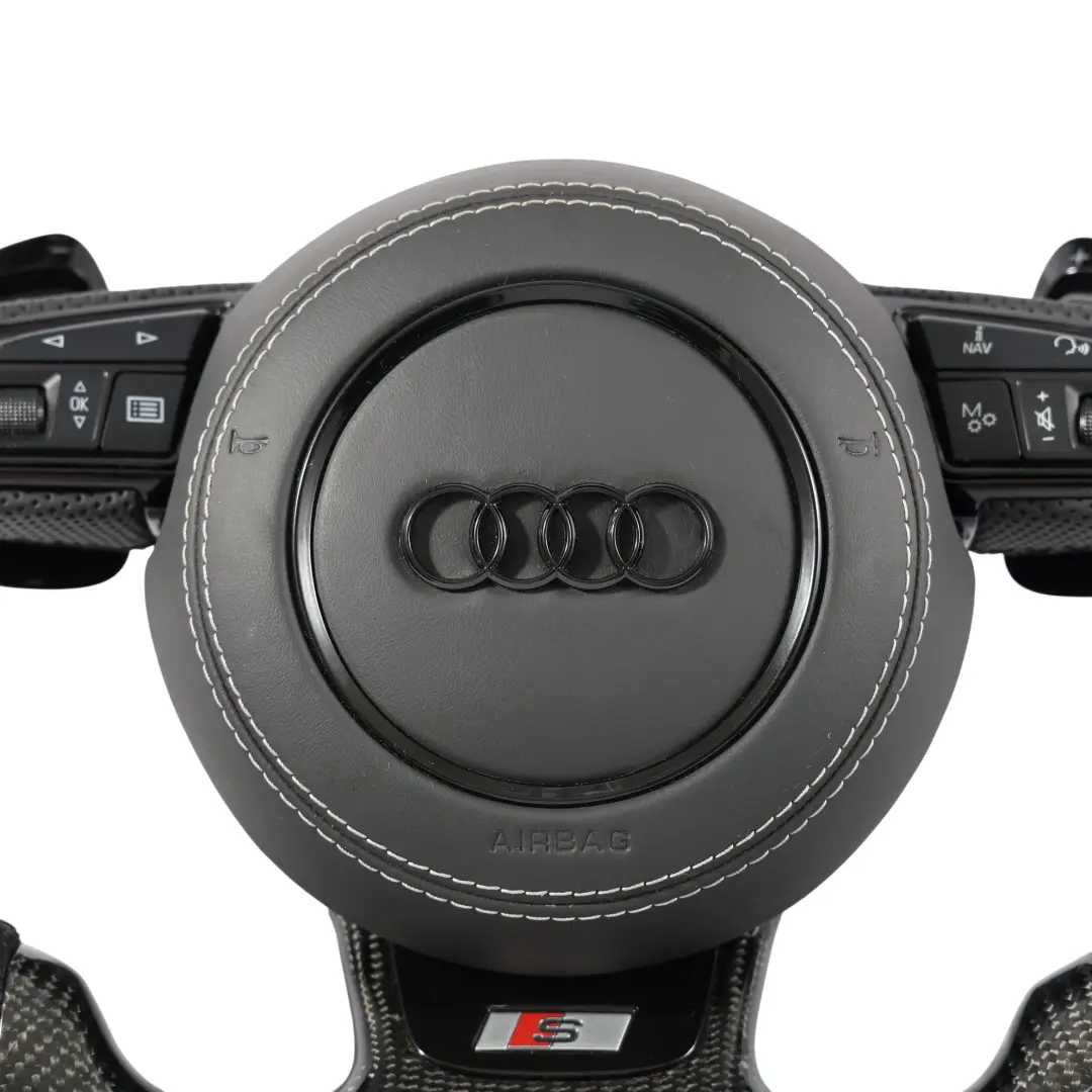 Steering Wheel S-Line LED Carbon Flat Bottom Paddles Set to Audi A8 D4 with Part number 4H0419091T Audi A8 D4 Steering Wheel S-Line LED Carbon Flat Bottom Paddles Set - SKU 4H0419091T-1-SET - Part number 4H0419091T