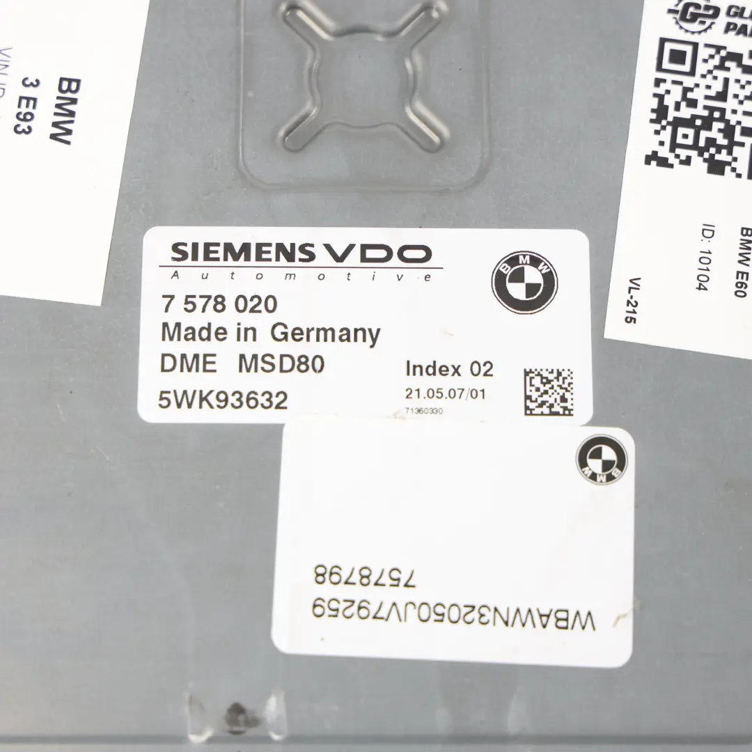 BMW E93 Motorsteuergerät ECU 218 PS 325i N53 Benzin KIT Manuell - SKU 7578020-2 - Teilenummer 7578020