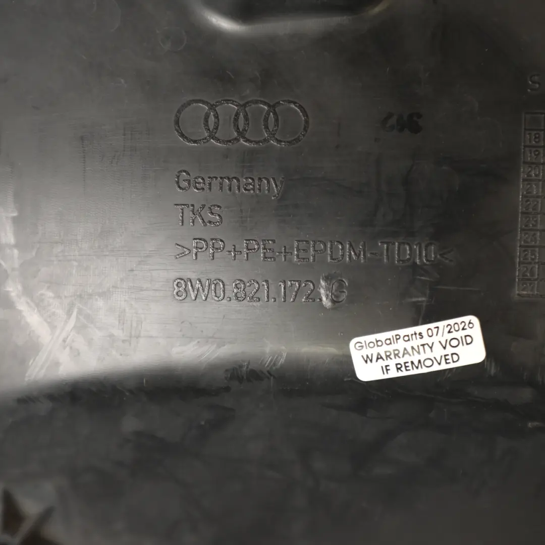 Arch Front Right O/S Housing Cover Splash Guard to Audi A4 B9 Wheel with Part number 8W0821172G Audi A4 B9 Wheel Arch Front Right O/S Housing Cover Splash Guard - SKU 8W0821172G - Part number 8W0821172G