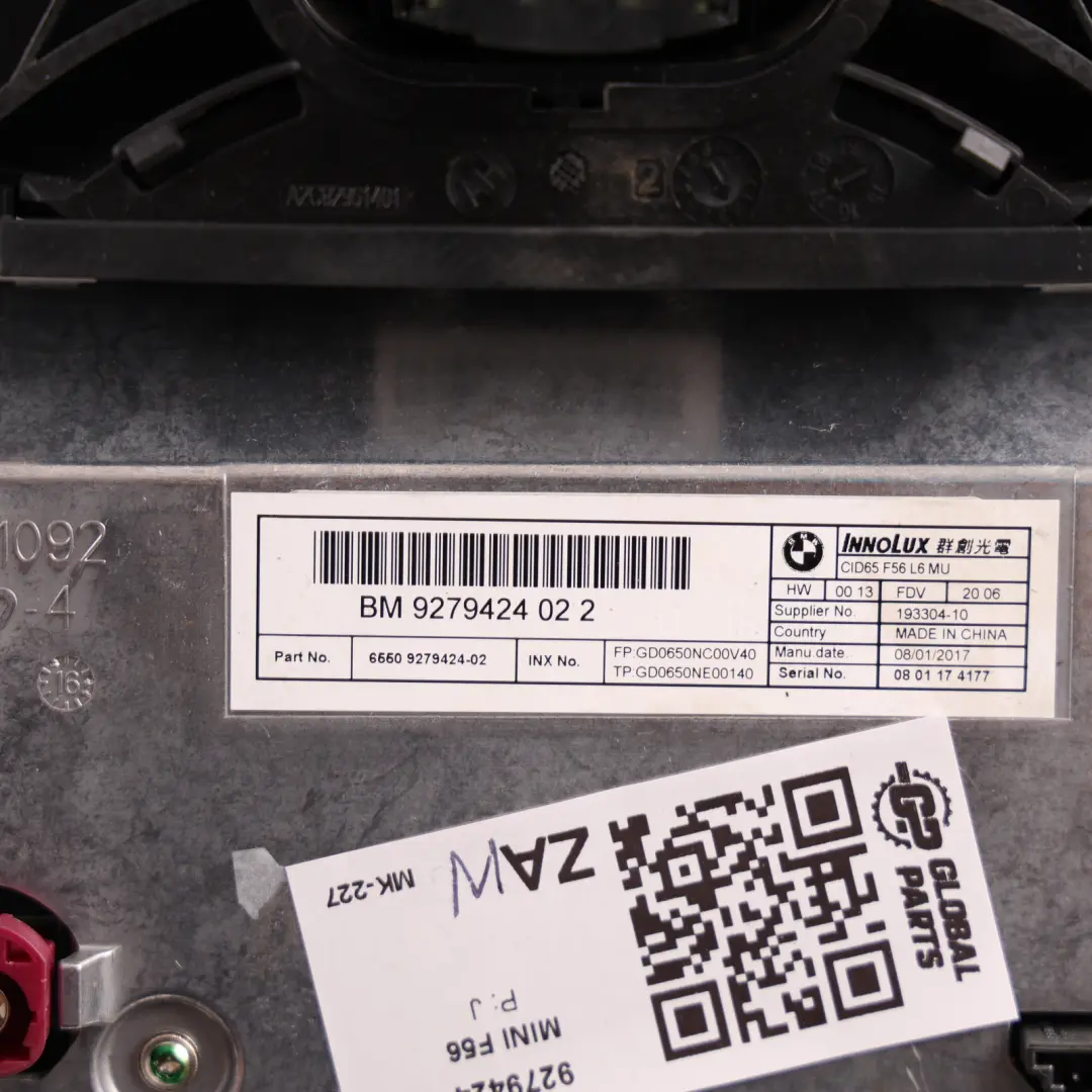 Schermo informativo centrale 6,5" per Mini Cooper One F55 F56 con numero di parte 9279424 Mini Cooper One F55 F56 Schermo informativo centrale 6,5" - SKU 9279424 - Numero di parte 9279424