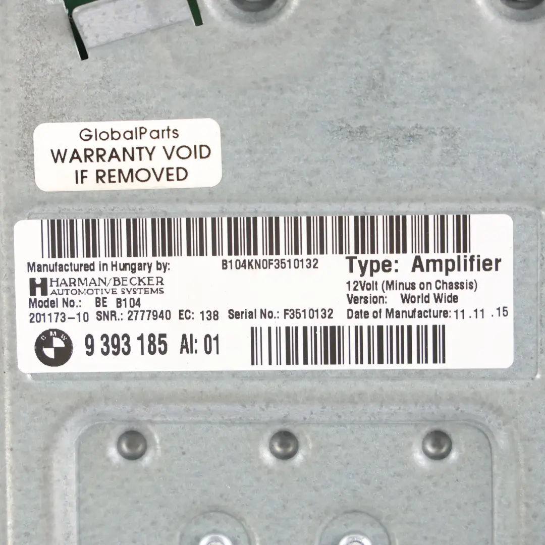Amplificatore Audio HiFi Harman Kardon per BMW F30 F31 F32 F33 F34 F36 con numero di parte 9393185 BMW F30 F31 F32 F33 F34 F36 Amplificatore Audio HiFi Harman Kardon - SKU 9393185 - Numero di parte 9393185