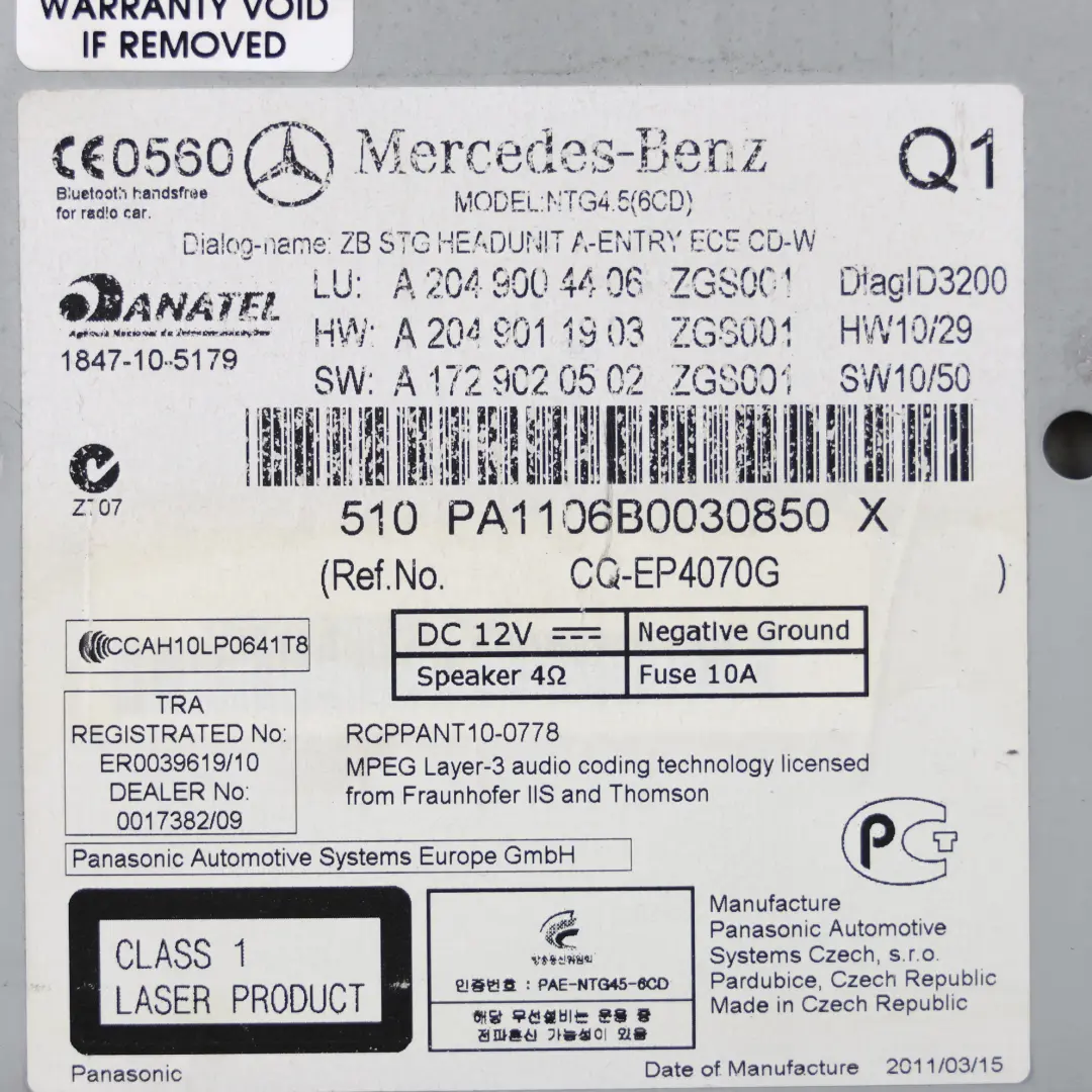 Mercedes W204 Autoradio Lecteur CD Unité Centrale - SKU A2049004406 - Numéro de pièce A2049004406