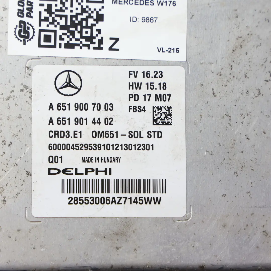 Mercedes W176 A200 CDI Engine ECU Kit OM651 136HP Automatic - SKU A6519007003-5 - Part number A6519007003