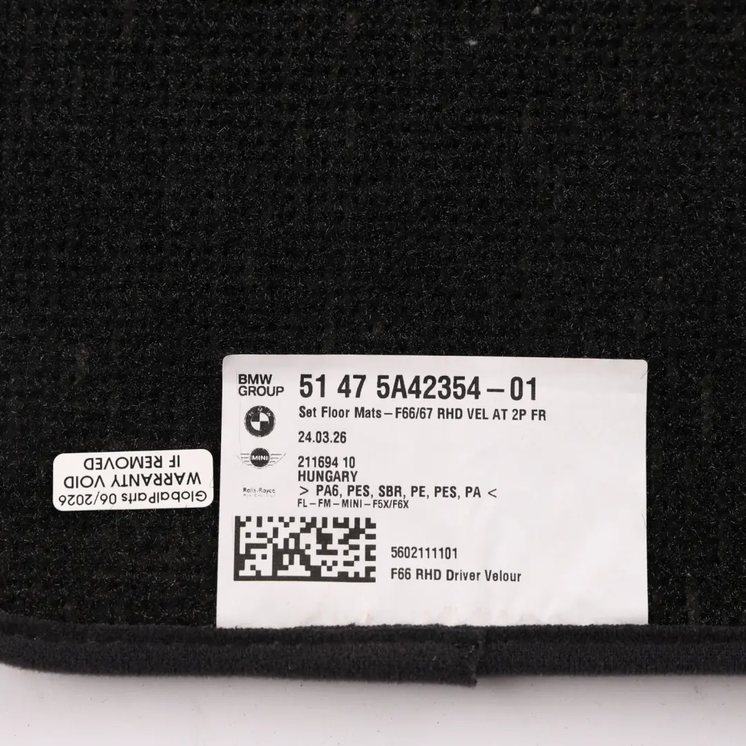 Mini F66 Floor Mats Velour Liner Front Left Right Set - SKU RHD-5A42354 - Part number 5A42354
