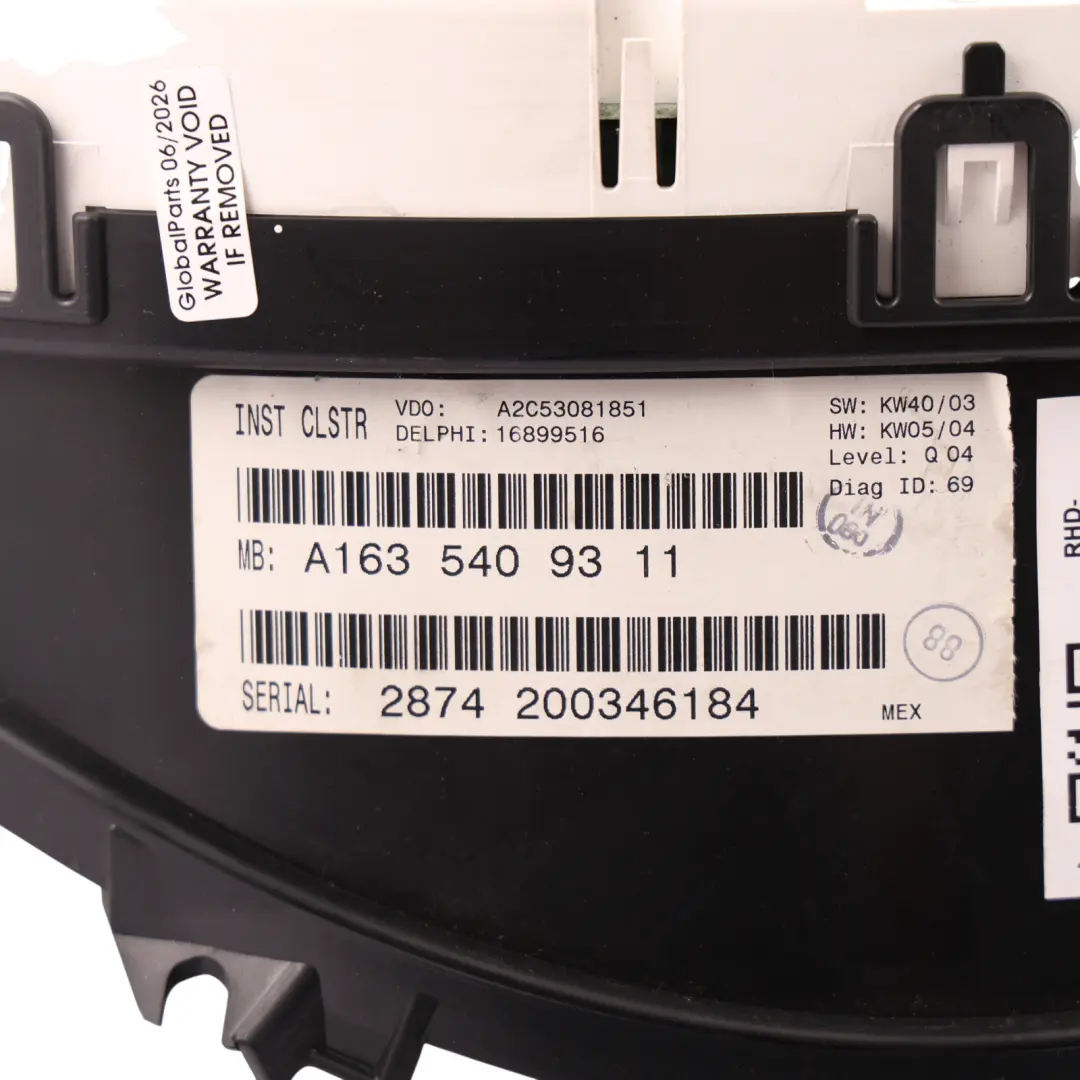 Instrument Cluster Speedo Clocks Petrol Automatic to Mercedes W163 with Part number A1635409311 Mercedes W163 Instrument Cluster Speedo Clocks Petrol Automatic - SKU RHD-A1635409311 - Part number A1635409311