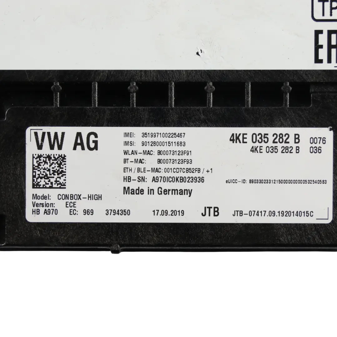 Audi A4 B9 Bluetooth Telematik Steuergerät Kommunikationsmodul - SKU 4KE035282B - Teilenummer 4KE035282B