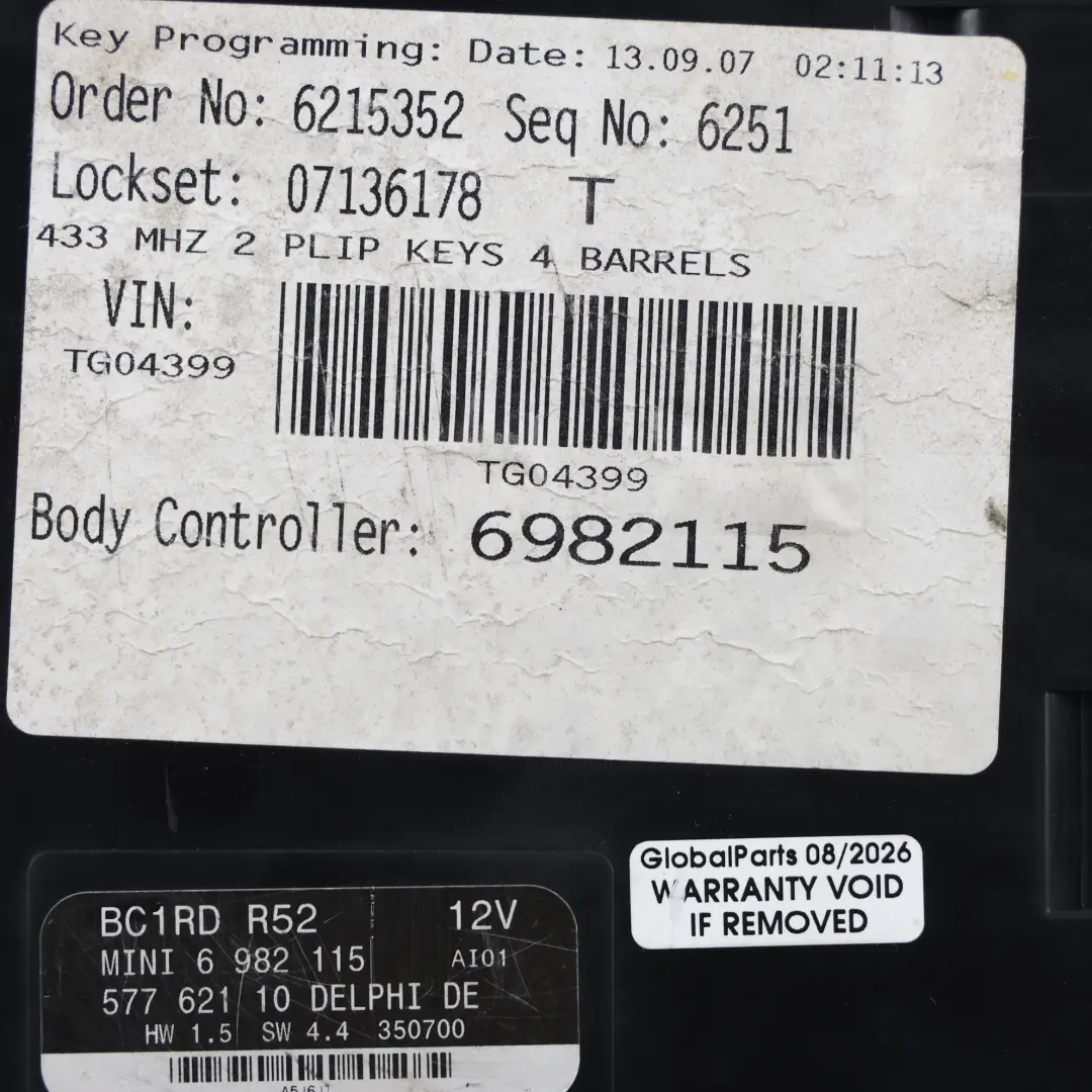 Unidad Control Carrocería Módulo BCM BC1 RD ECU para Mini R52 Convertible con número de pieza 6982115 Mini R52 Convertible Unidad Control Carrocería Módulo BCM BC1 RD ECU - SKU 6982115-1 - Número de pieza 6982115
