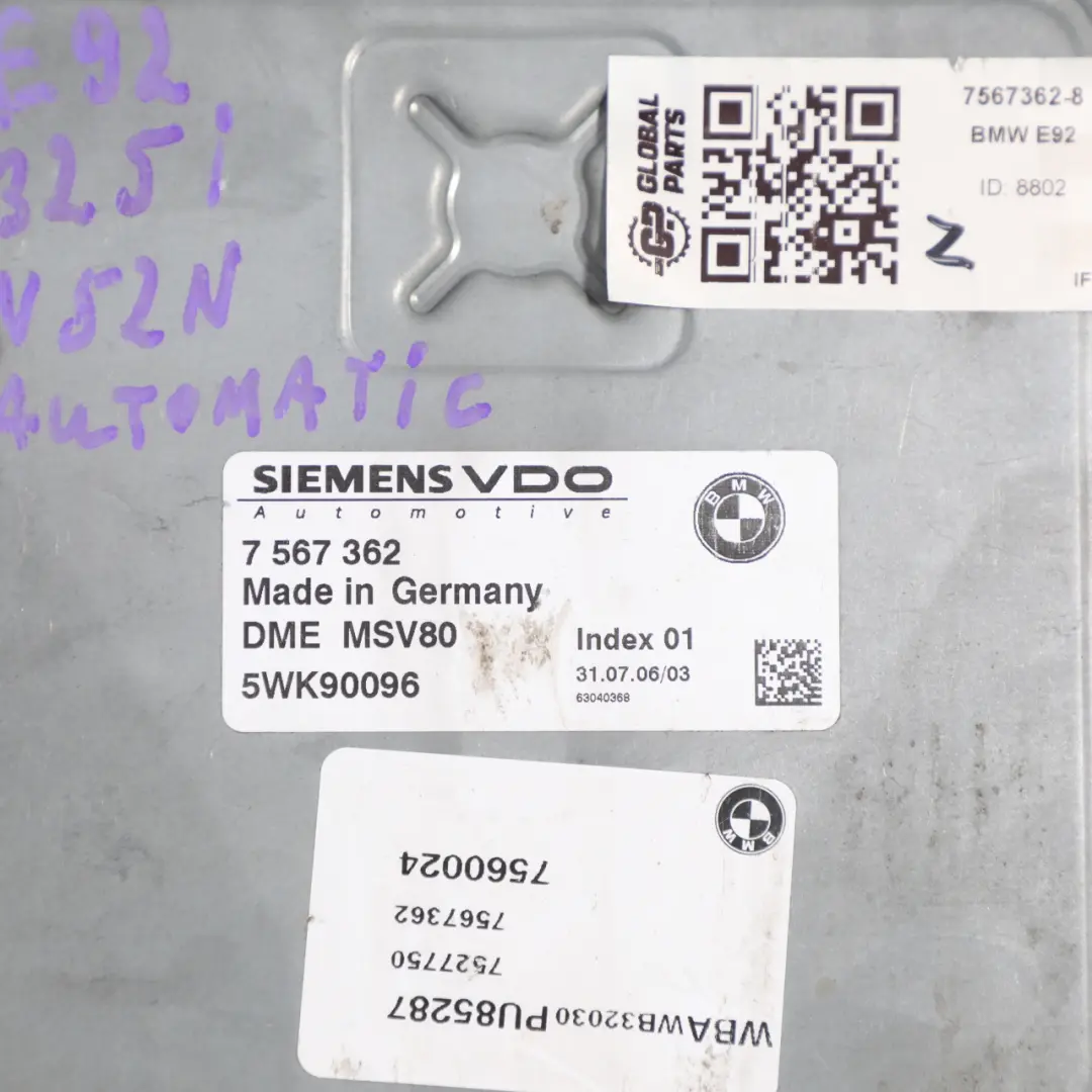 BMW E90 E91 E92 325i 218HP Engine Control ECU DME MSV80 N52N Automatic - SKU 7567362-8 - Part number 7567362