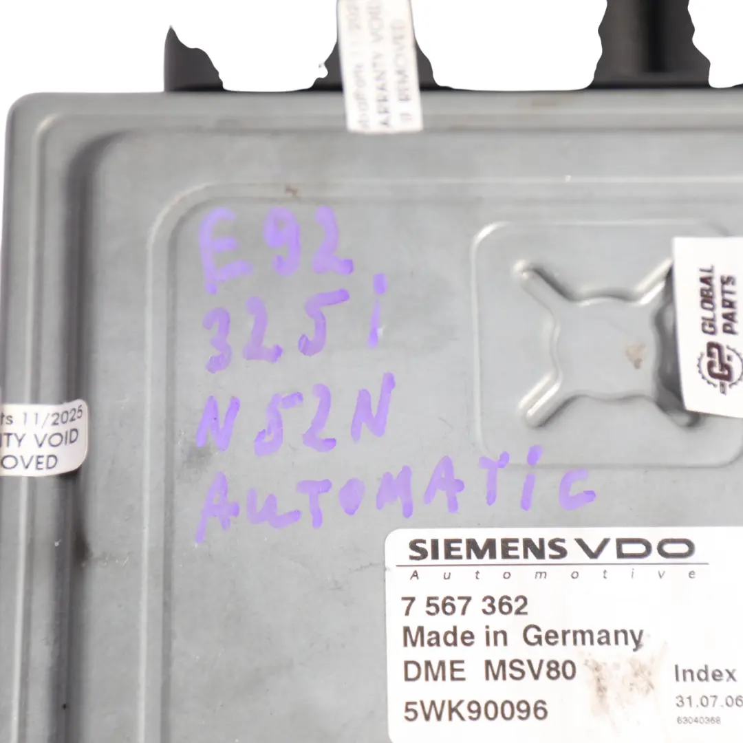 BMW E90 E91 E92 325i 218HP Engine Control ECU DME MSV80 N52N Automatic - SKU 7567362-8 - Part number 7567362
