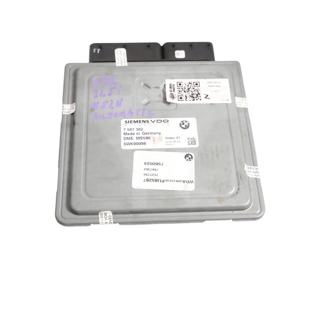BMW E90 E91 E92 325i 218HP Engine Control ECU DME MSV80 N52N Automatic - SKU 7567362-8 - Part number 7567362
