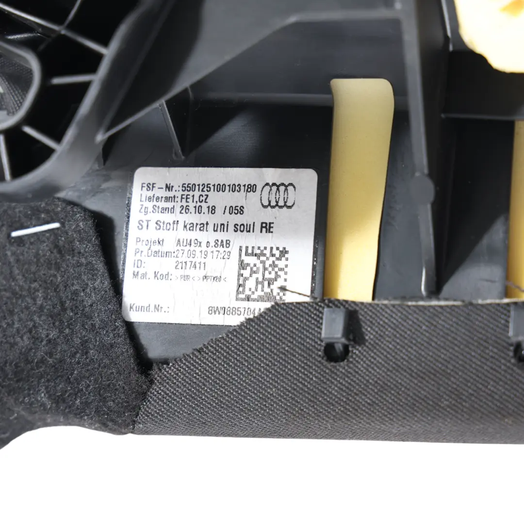 Back Seat Panel Side Bolster Rear Right O/S Black Cloth to Audi A5 F5 with Part number 8W0885704AF Audi A5 F5 Back Seat Panel Side Bolster Rear Right O/S Black Cloth - SKU 8W0885704AF - Part number 8W0885704AF