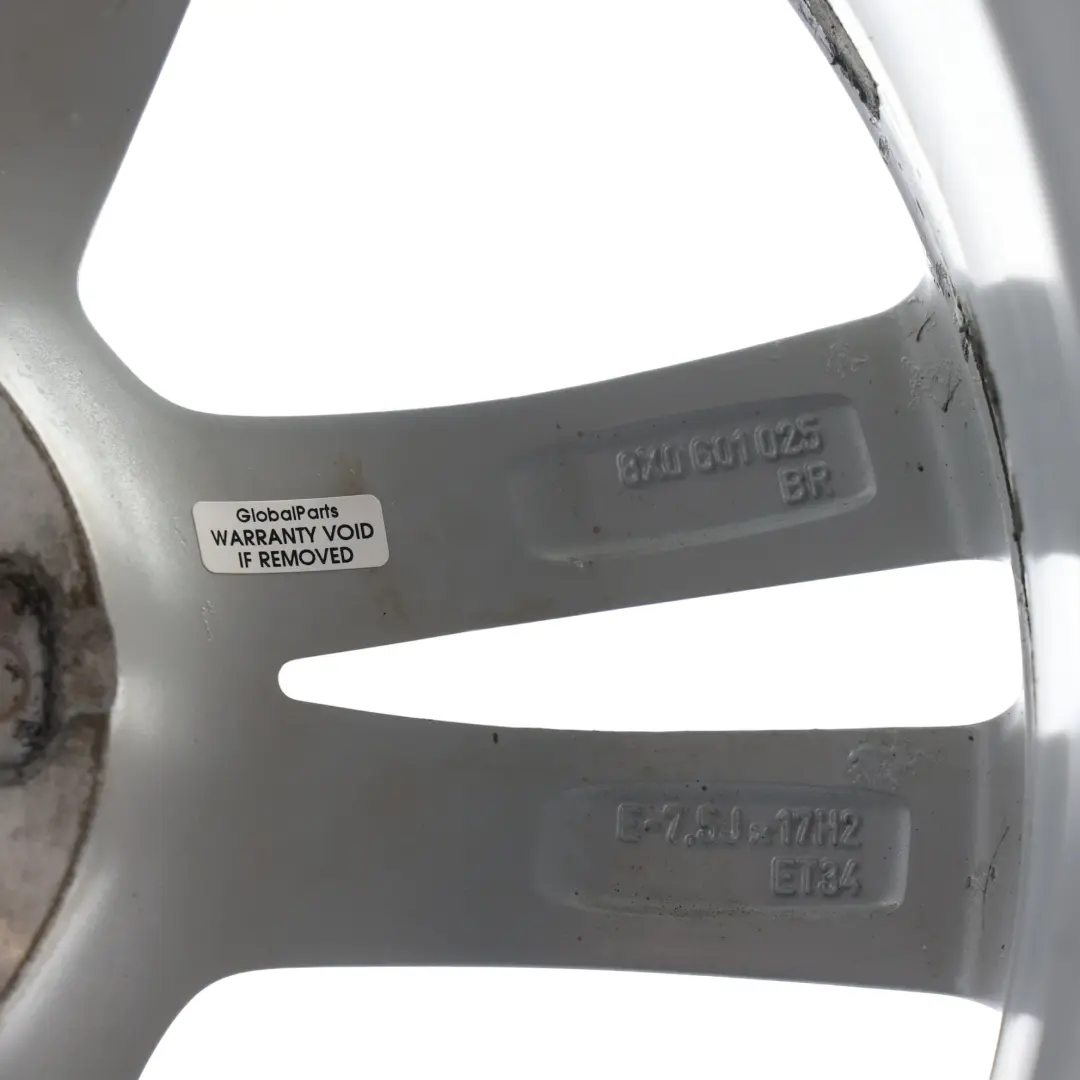 Audi A1 8X Srebrna Felga Aluminiowa 17" 7.5J ET34 - SKU 8X0601025BR-2 - Numer Części 8X0601025BR