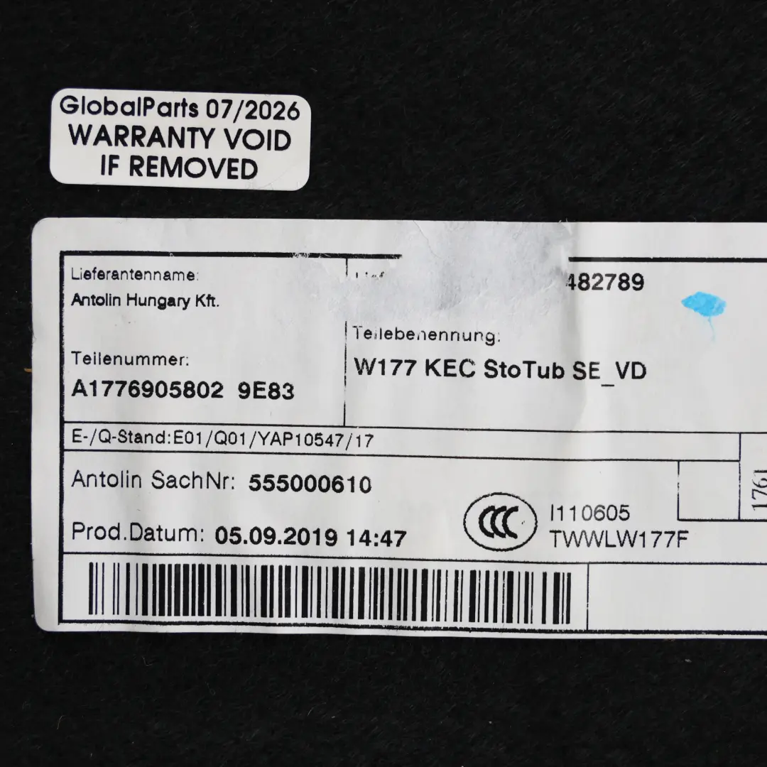 Spare Wheel Well Lining Load Compartment Floor to Mercedes W177 with Part number A1776905802 Mercedes W177 Spare Wheel Well Lining Load Compartment Floor - SKU A1776905802 - Part number A1776905802