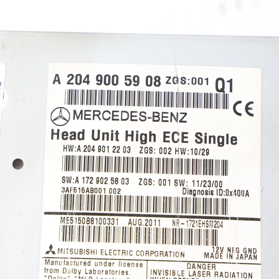 Mercedes W204 Lecteur CD Navigation Satellite Radio Unité Centrale - SKU A2049005908-4 - Numéro de pièce A2049005908