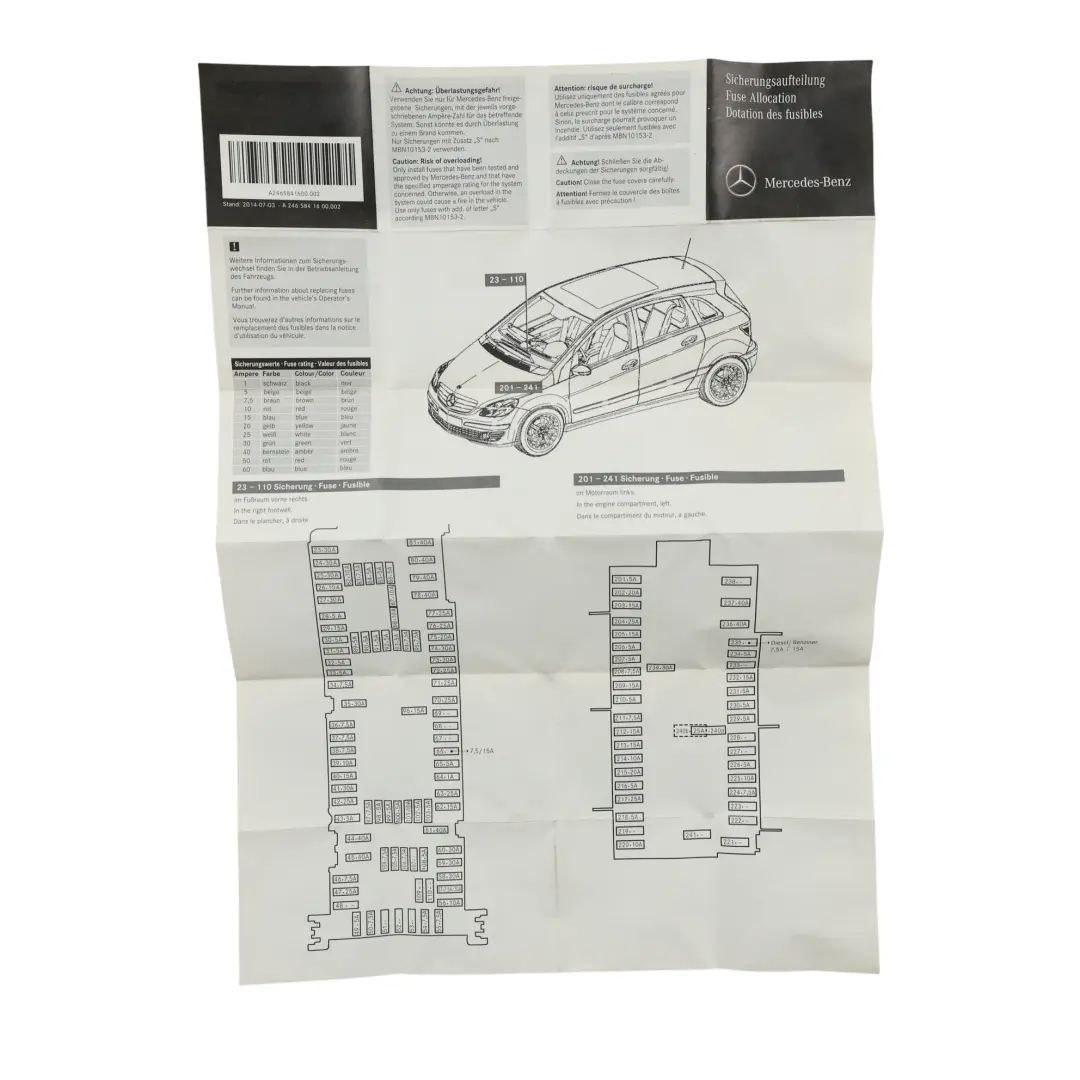 Fuse Box Allocation Fuse Placement Map Card Diagram to Mercedes W176 with Part number A2465841600 Mercedes W176 Fuse Box Allocation Fuse Placement Map Card Diagram - SKU A2465841600 - Part number A2465841600